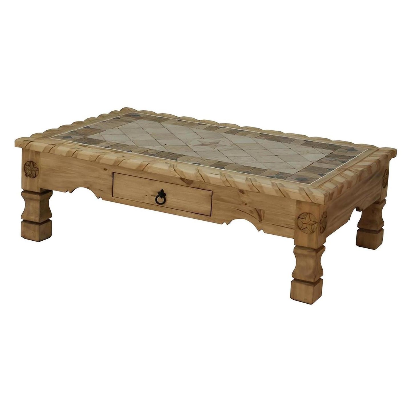 Rustic Pueblo Coffee Table with Inlaid Tile Top & Storage Drawer | 20 x 32 x 50