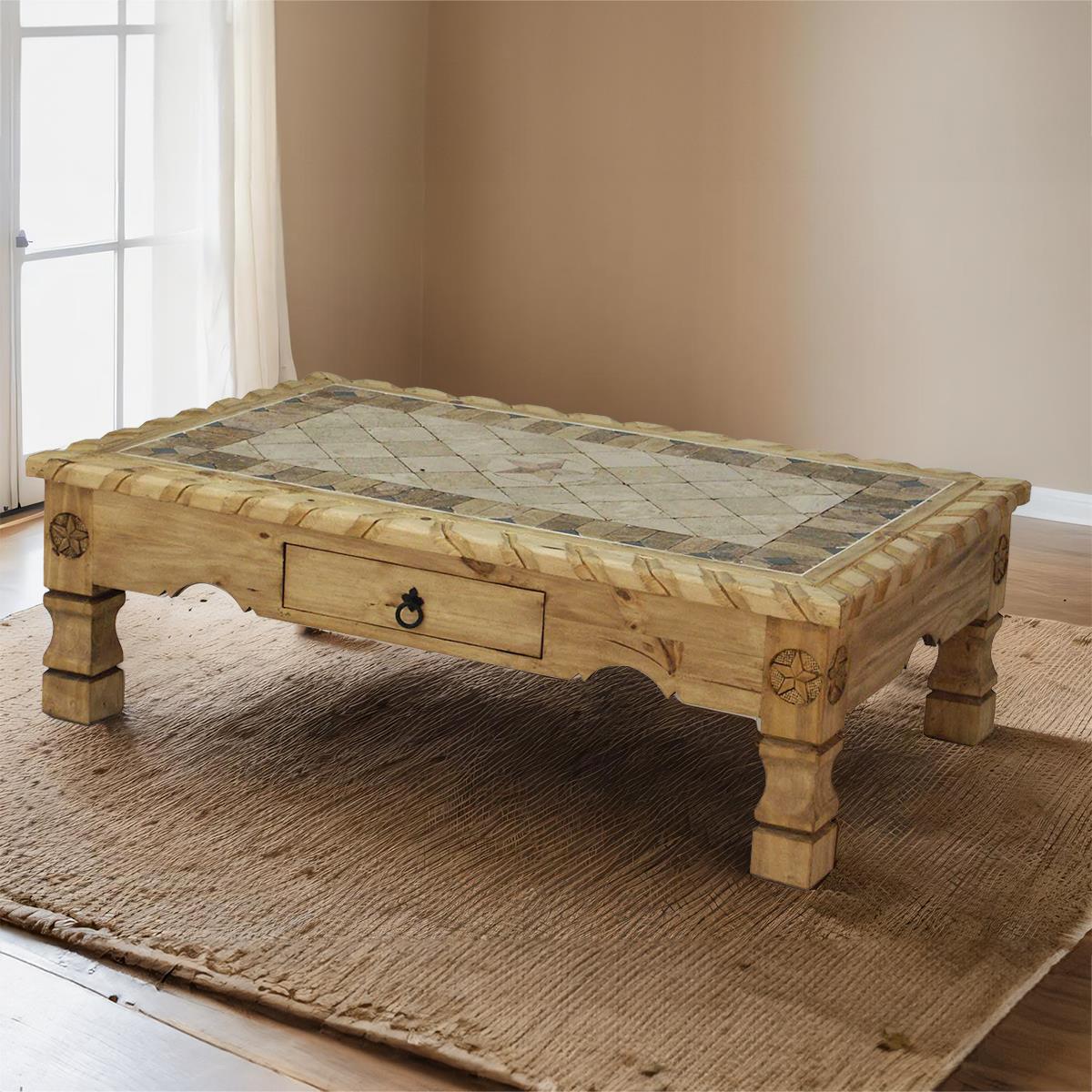 Rustic Pueblo Coffee Table with Inlaid Tile Top & Storage Drawer | 20 x 32 x 50