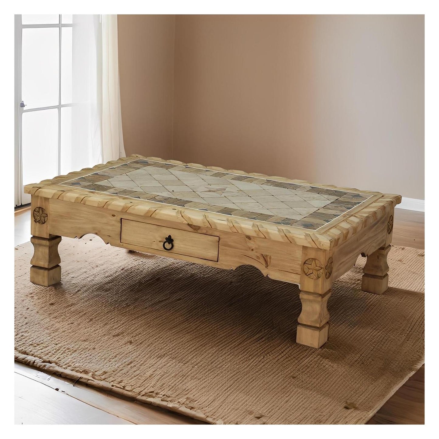 Rustic Pueblo Coffee Table with Inlaid Tile Top & Storage Drawer | 20 x 32 x 50