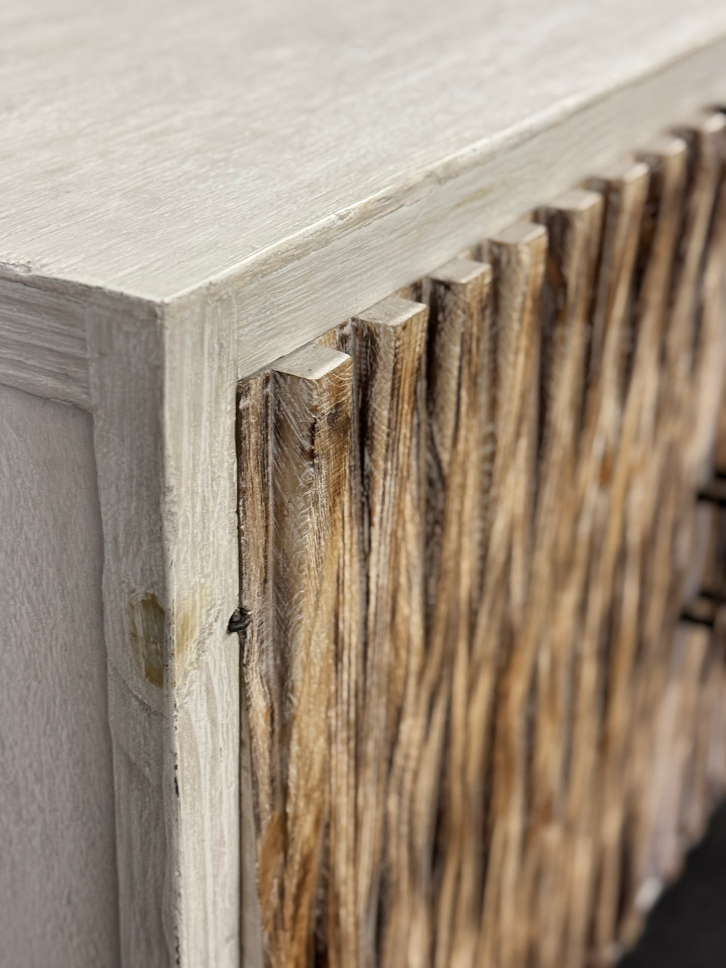 Jargeau Chest, Distressed White, Two Shelves Inside, Rustic Weathered Finish, Farmhouse Console