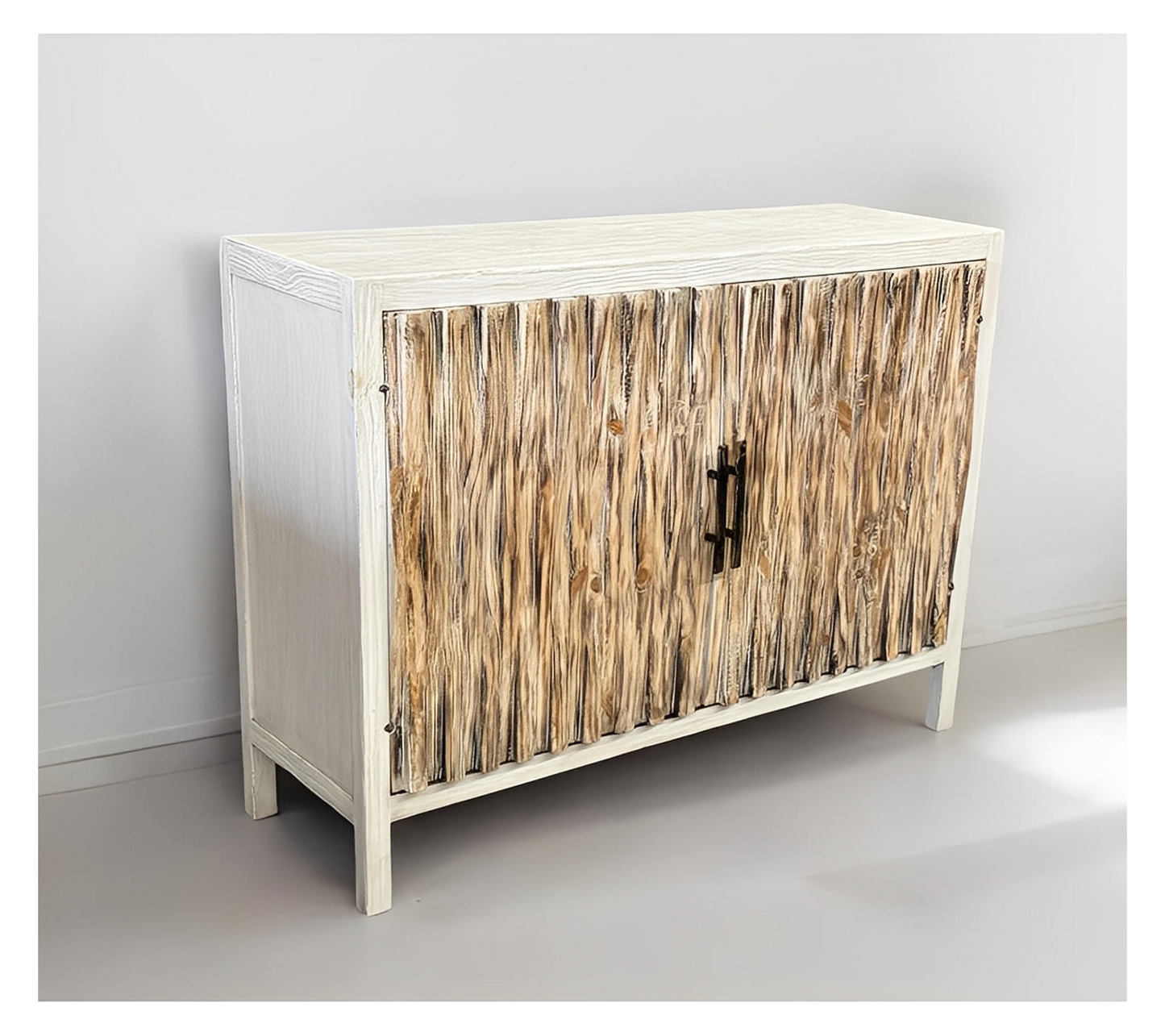 Jargeau Chest, Distressed White, Two Shelves Inside, Rustic Weathered Finish, Farmhouse Console