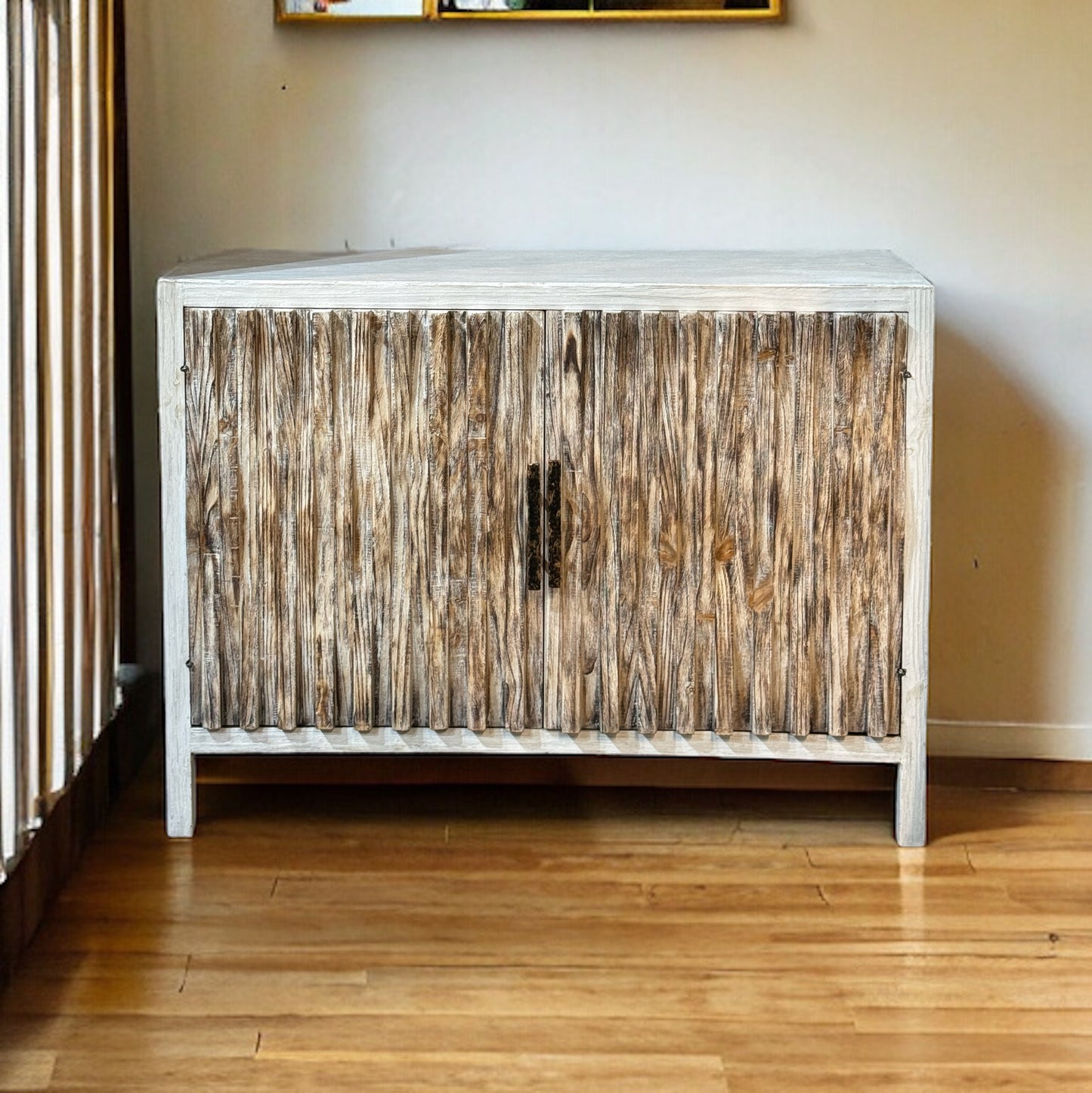 Jargeau Chest, Distressed White, Two Shelves Inside, Rustic Weathered Finish, Farmhouse Console