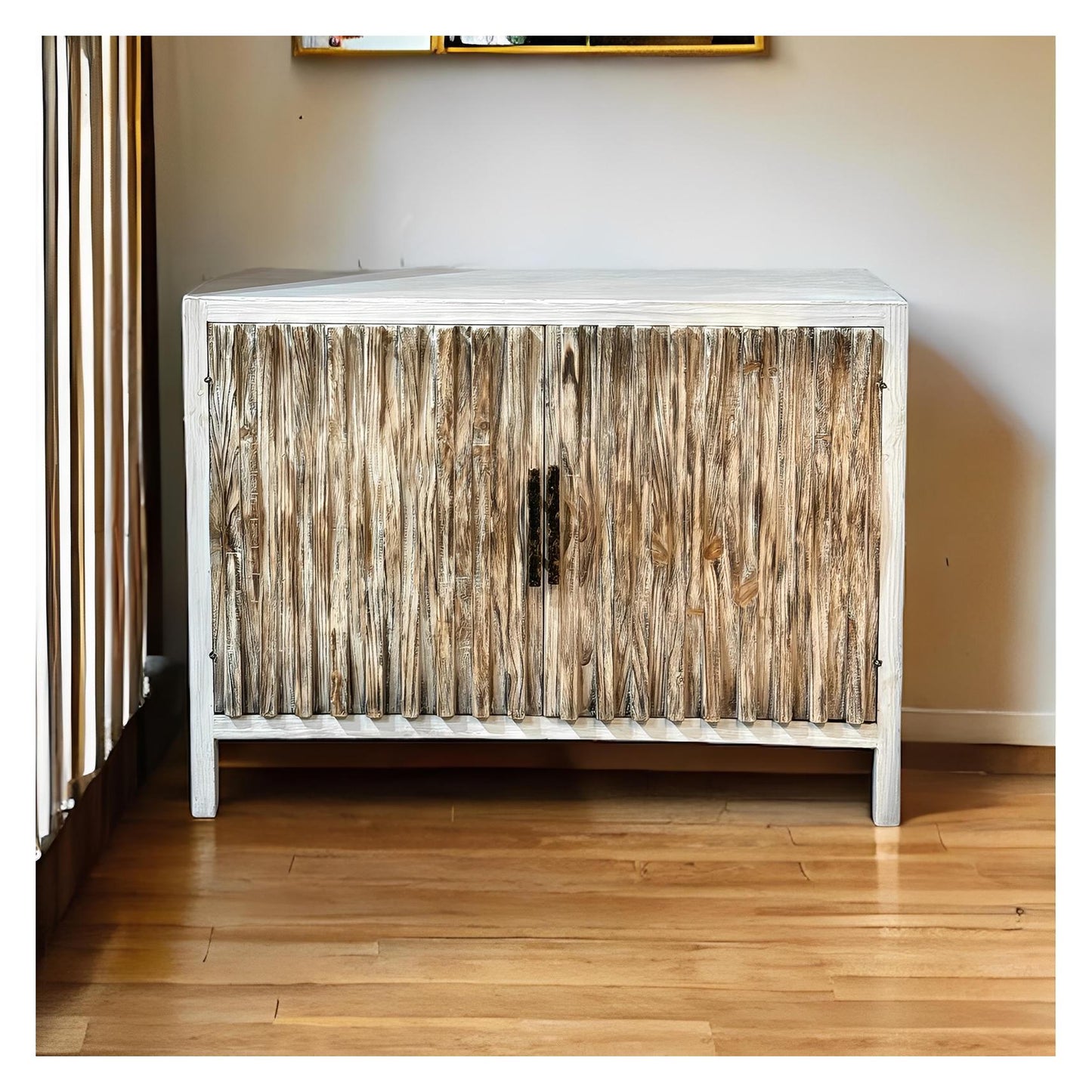 Jargeau Chest, Distressed White, Two Shelves Inside, Rustic Weathered Finish, Farmhouse Console