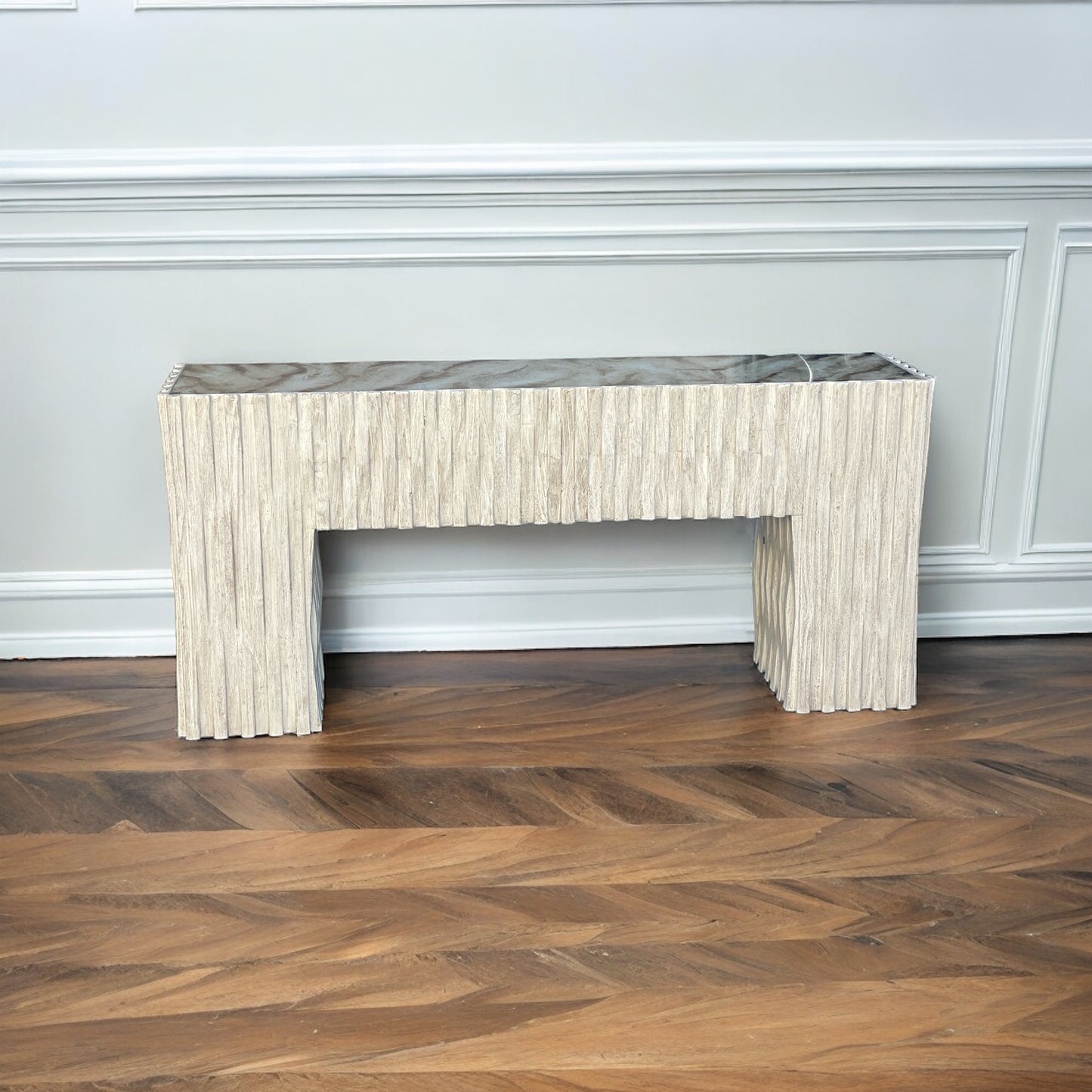 Saint-Jean-Pied Console Table, Ivory, Marble Top, Ribbed Textured Sides, Weathered Linen Finish