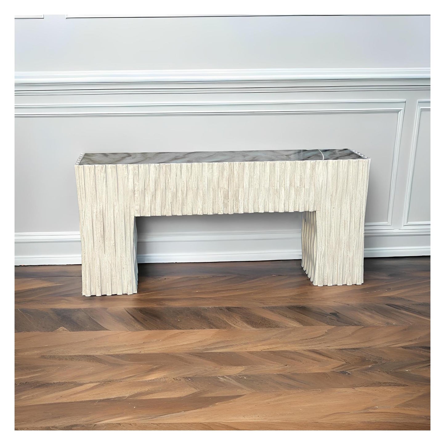 Saint-Jean-Pied Console Table, Ivory, Marble Top, Ribbed Textured Sides, Weathered Linen Finish