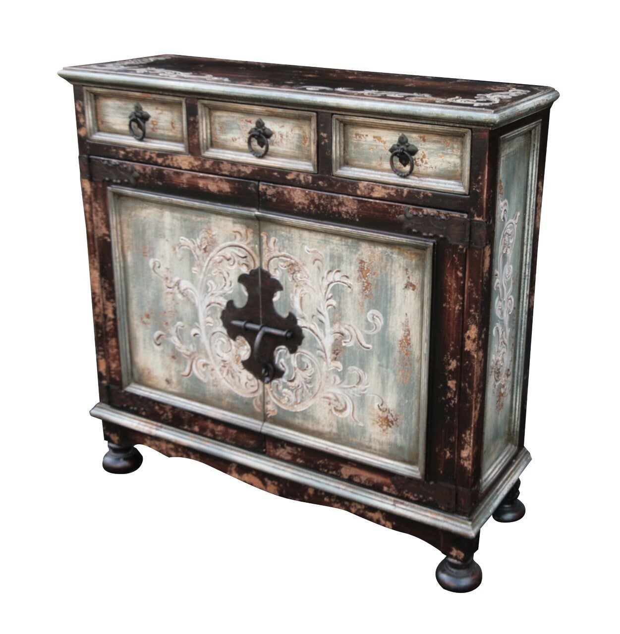Sorgue Chest, Antique Teal, Ornate Carved Floral Front Panels With Distressed Finish