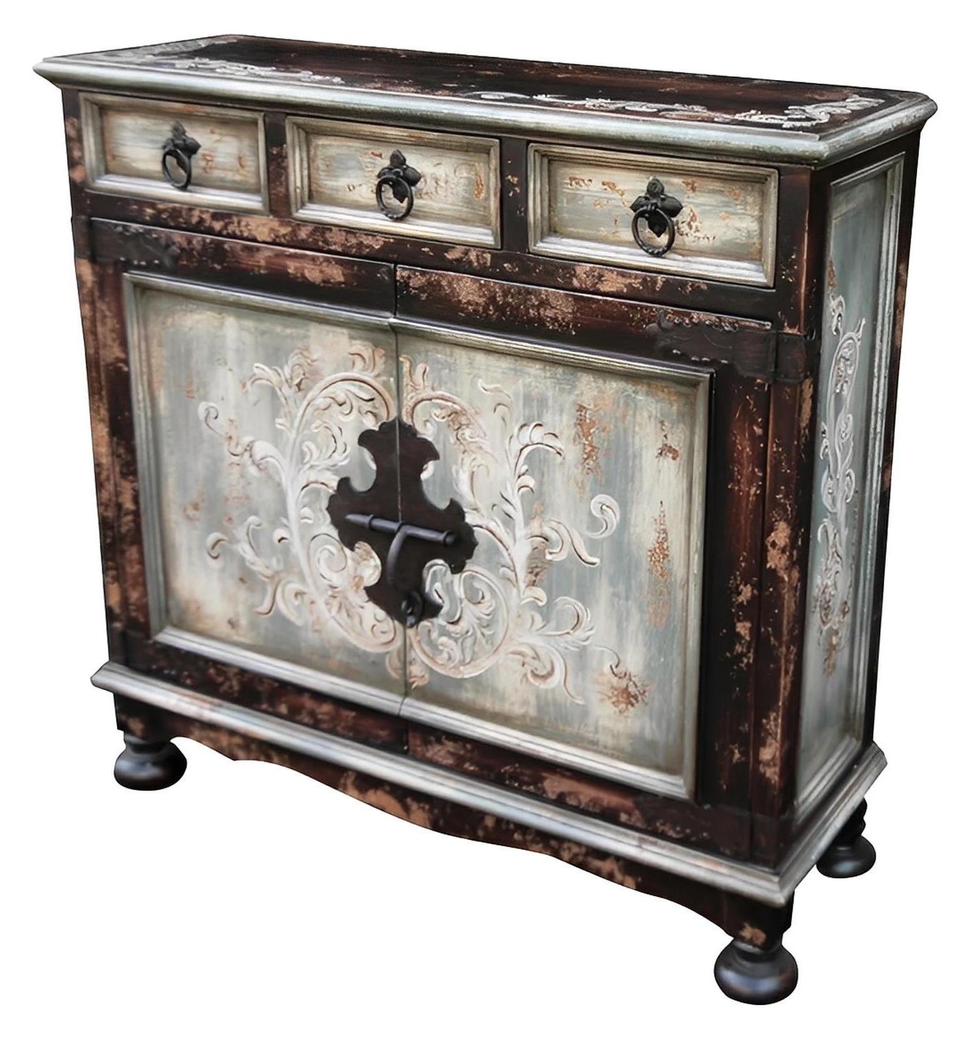 Sorgue Chest, Antique Teal, Ornate Carved Floral Front Panels With Distressed Finish