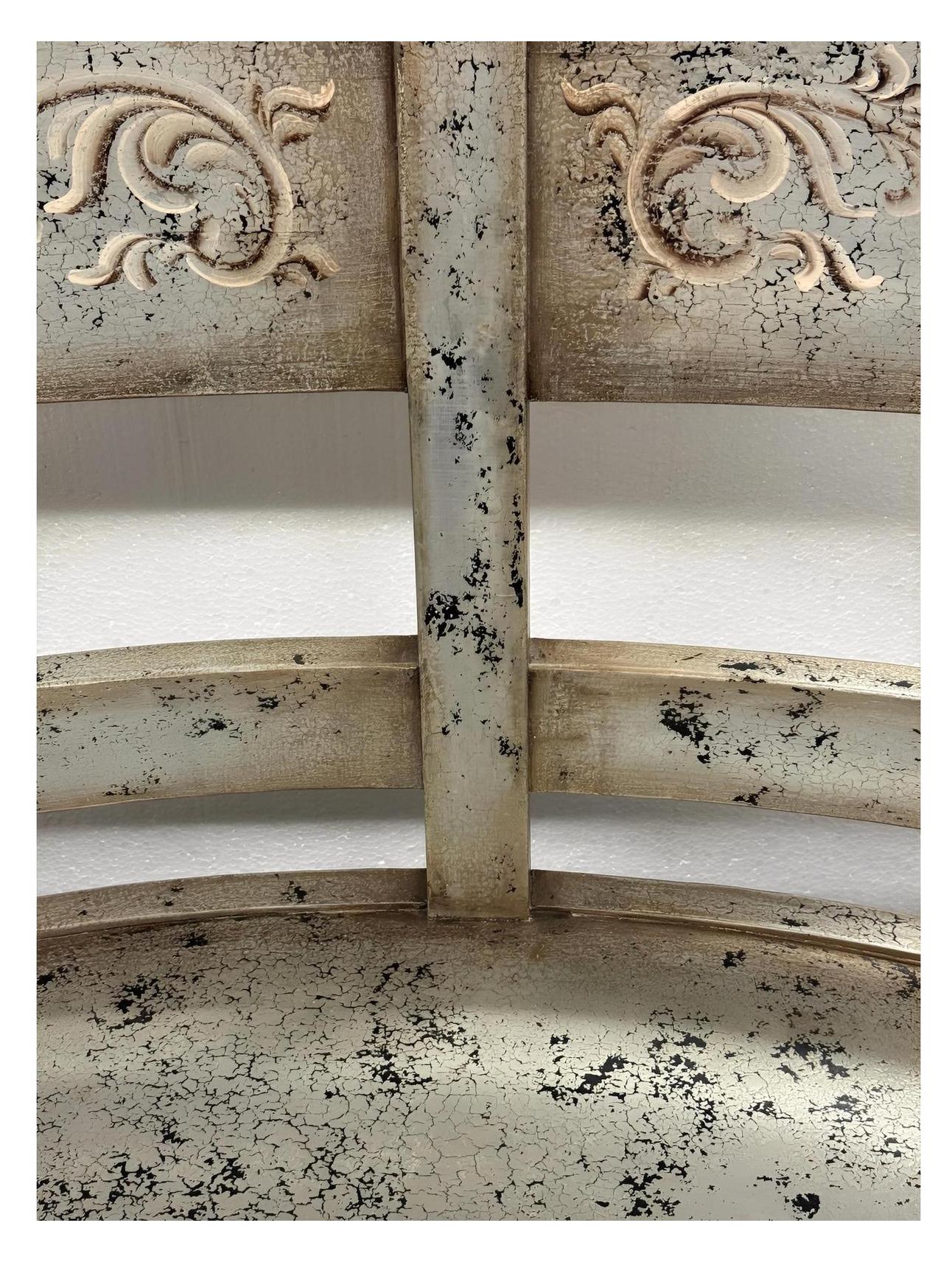 Briare Bench - Curved, Antique White, Distressed Crackle Finish, Weathered Iron Detailing
