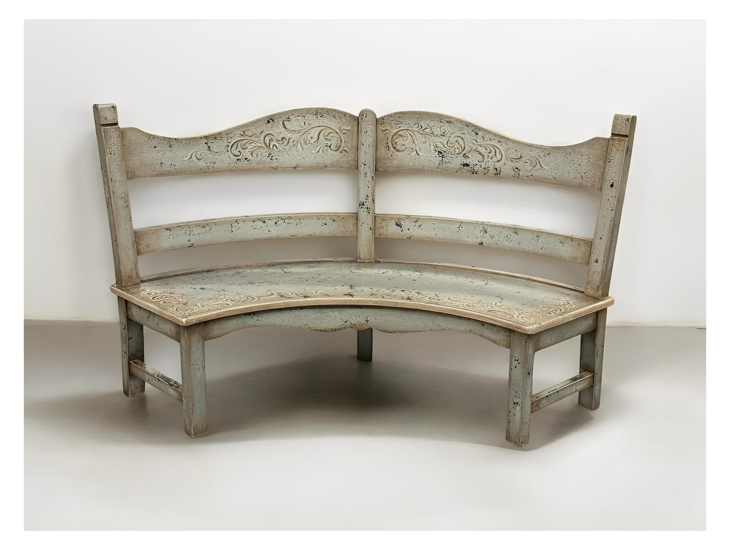 Briare Bench - Curved, Antique White, Distressed Crackle Finish, Weathered Iron Detailing