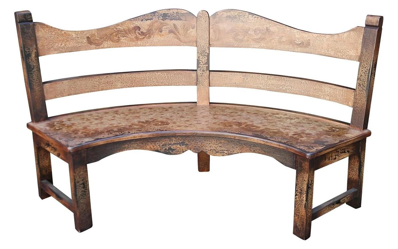 Castelnaudary Bench - Curved, Antique Bronze, Distressed Embossed Backrest With Ornate Floral Motif