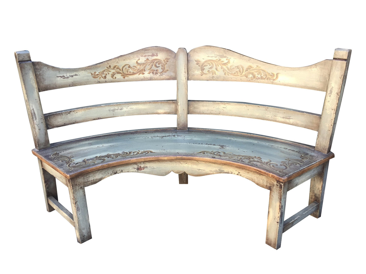Chablis Bench - Curved, Weathered Blue, Carved Floral Backrest Detailing for Rustic Charm