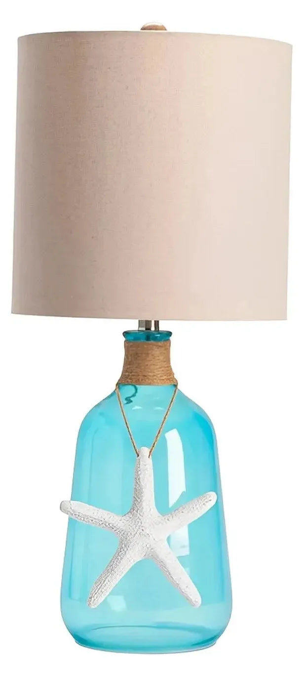 White Starfish - Blue Glass Bottle - Table Lamps (2-Pack), Coastal