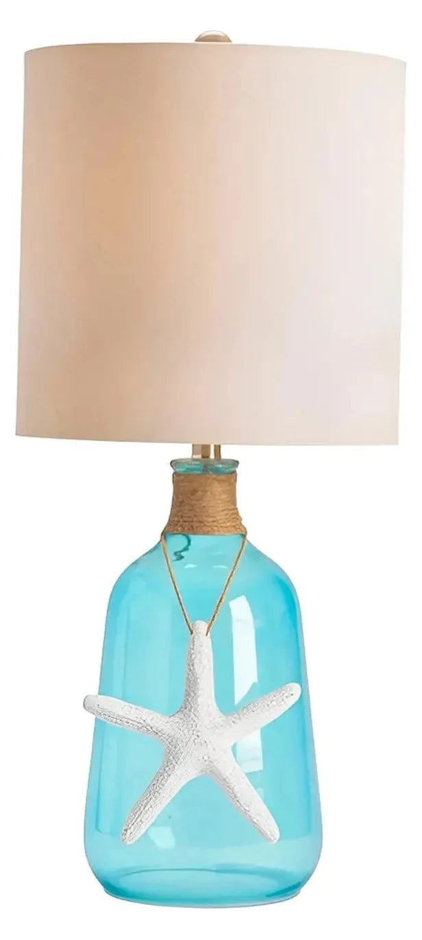 White Starfish - Blue Glass Bottle - Table Lamps (2-Pack), Coastal