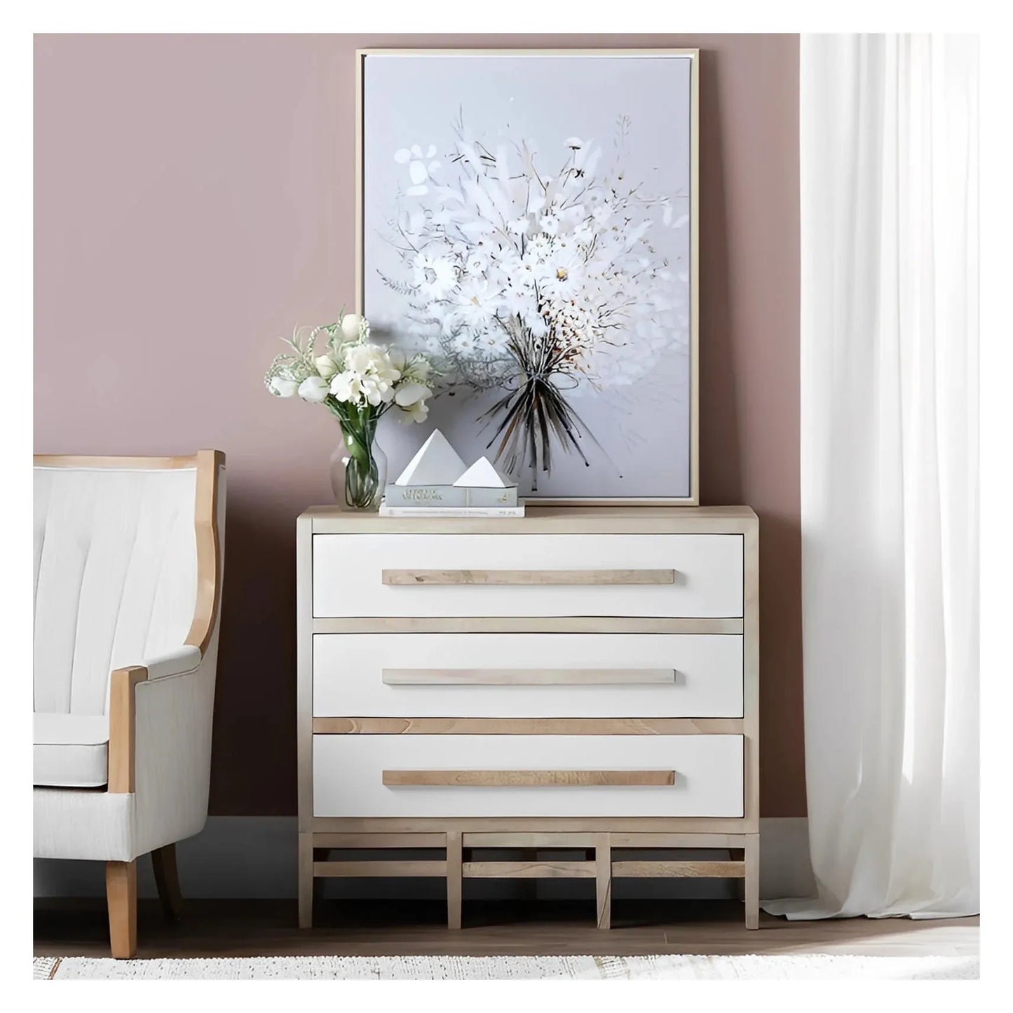 Lenox Stained White Nightstands (2-Pack), Mango Wood, Coastal, Transitional, tapered legs, solid wood craftsmanship