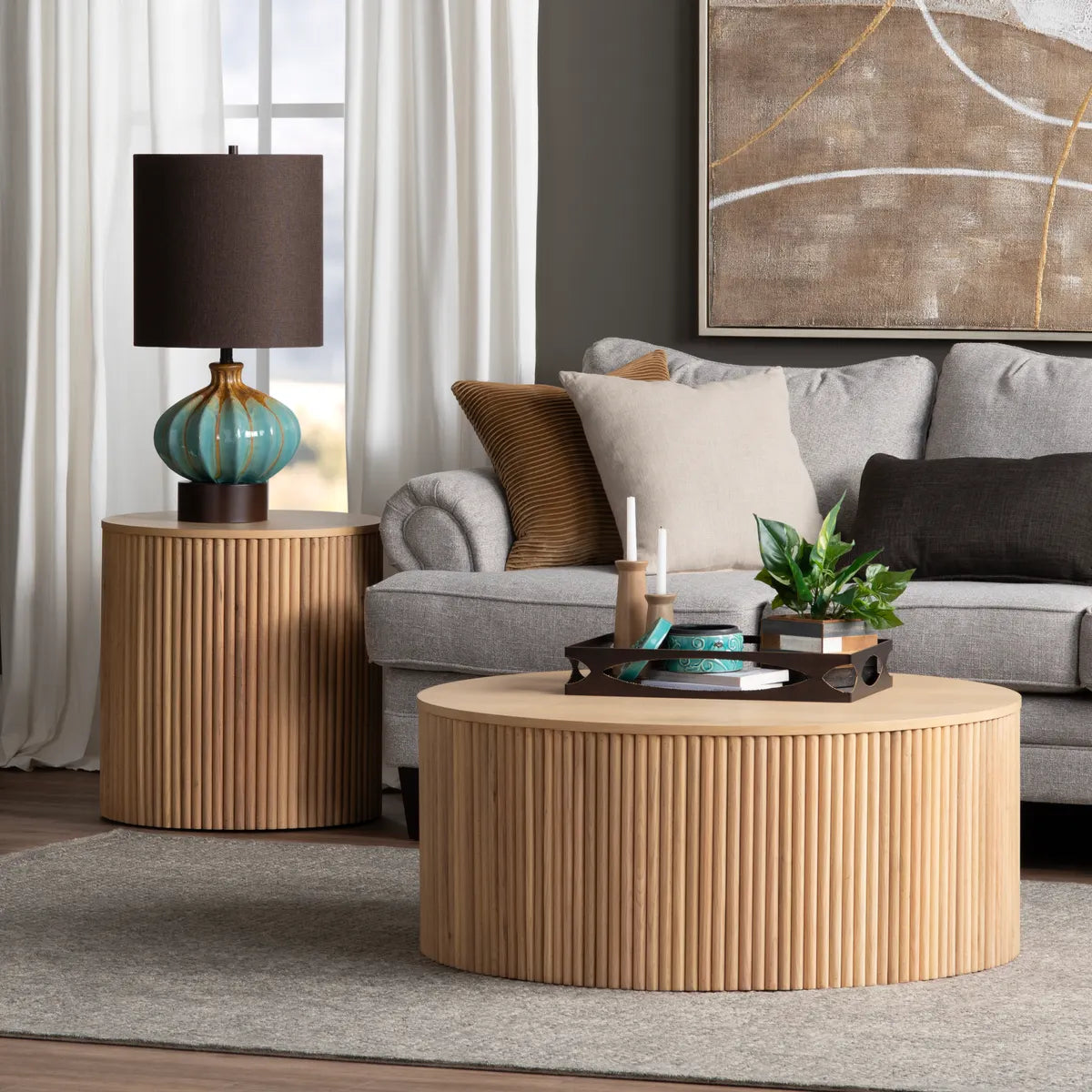 Ellington Slatted Round Drum Cocktail or Coffee Table