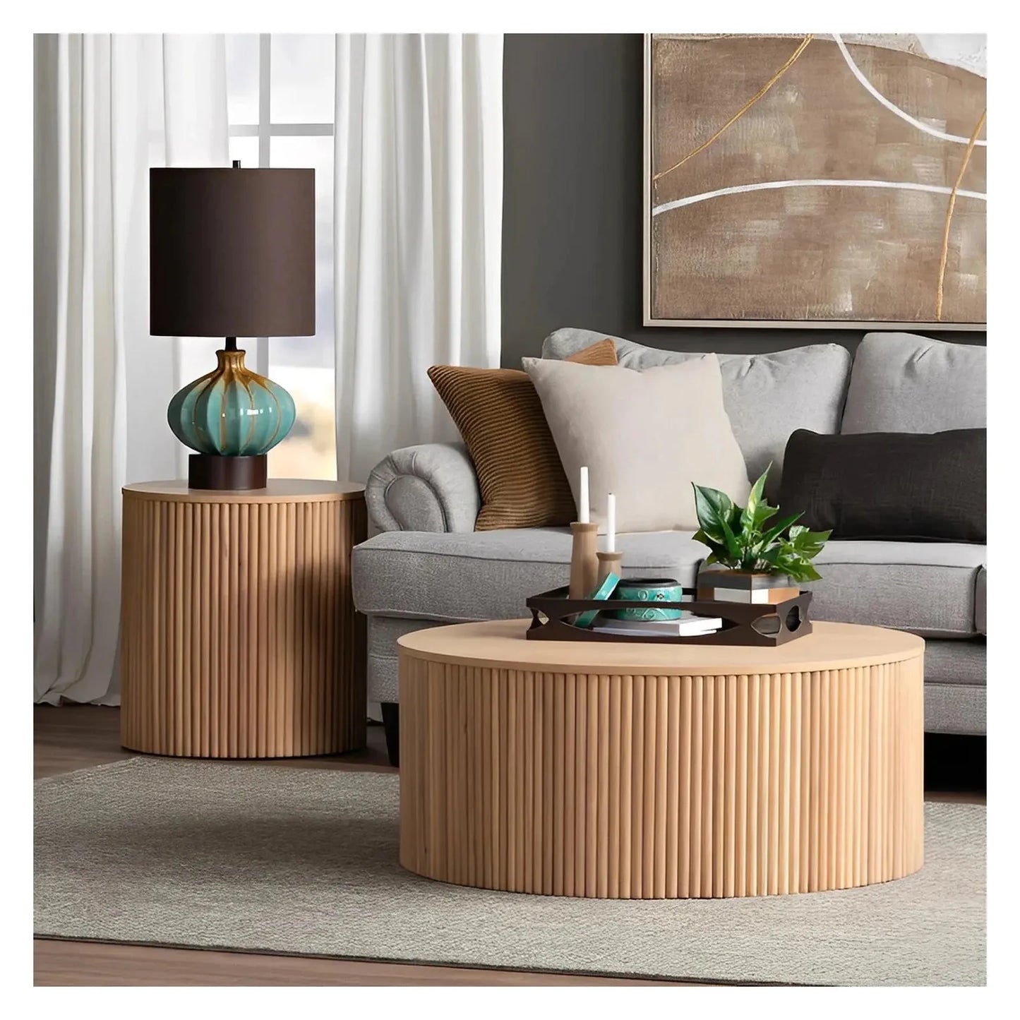 Ellington Slatted Round Drum Cocktail or Coffee Table