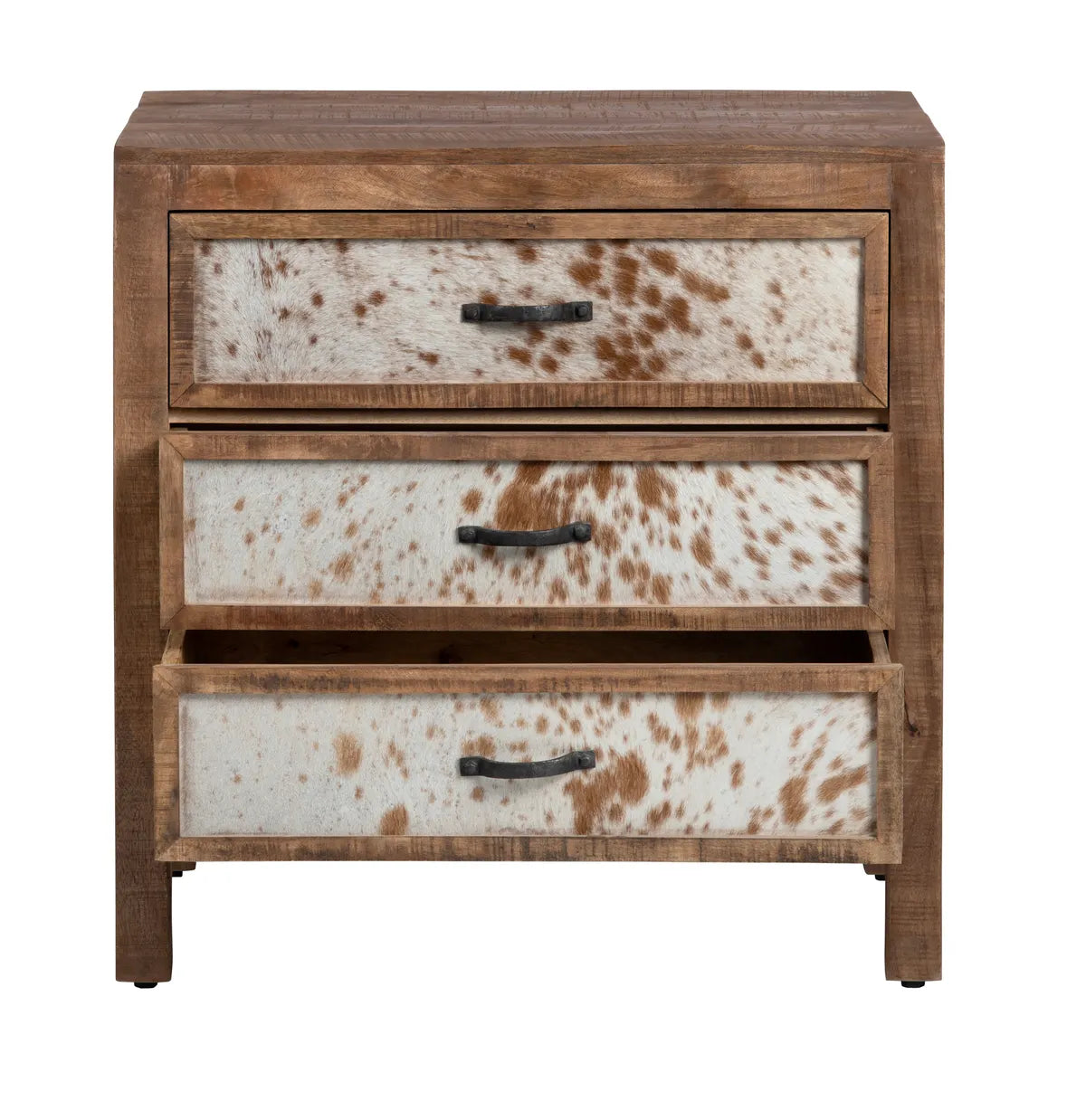Bennington Stained Brown Nightstands (2-Pack), Hair On Hide, Mango Wood, Rustic, solid wood craftsmanship, distressed