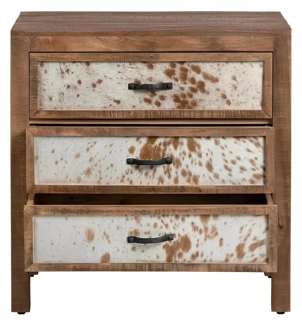 Bennington Stained Brown Nightstands (2-Pack), Hair On Hide, Mango Wood, Rustic, solid wood craftsmanship, distressed