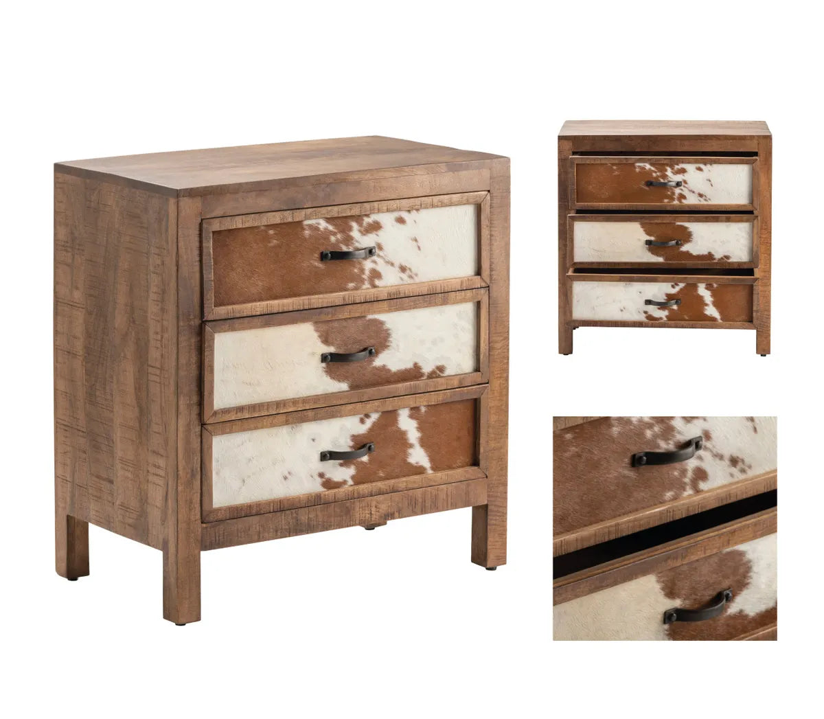 Bennington Stained Brown Nightstands (2-Pack), Hair On Hide, Mango Wood, Rustic, solid wood craftsmanship, distressed
