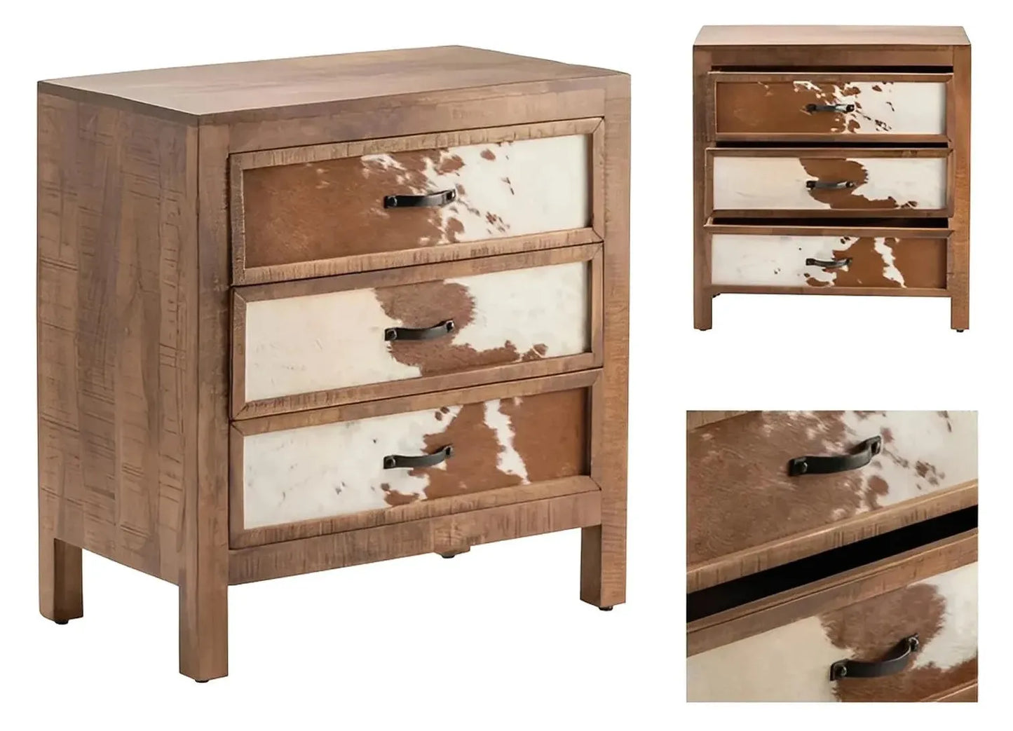 Bennington Stained Brown Nightstands (2-Pack), Hair On Hide, Mango Wood, Rustic, solid wood craftsmanship, distressed