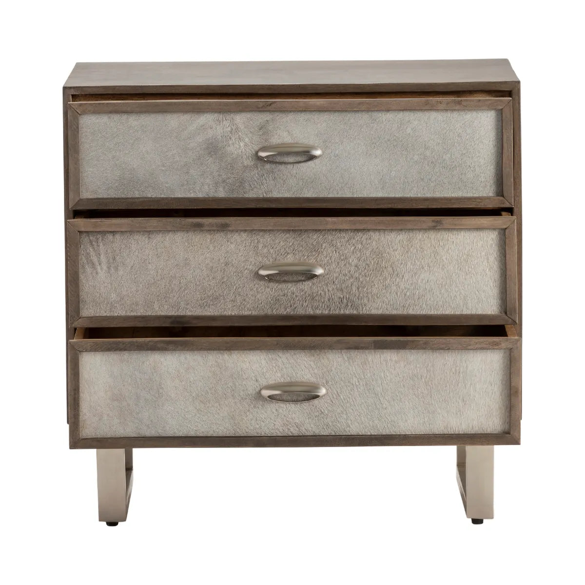 Bethel Stained Grey Nightstands (2-Pack), Hair On Hide, Mango Wood, Metal, Rustic, Transitional, distressed wood