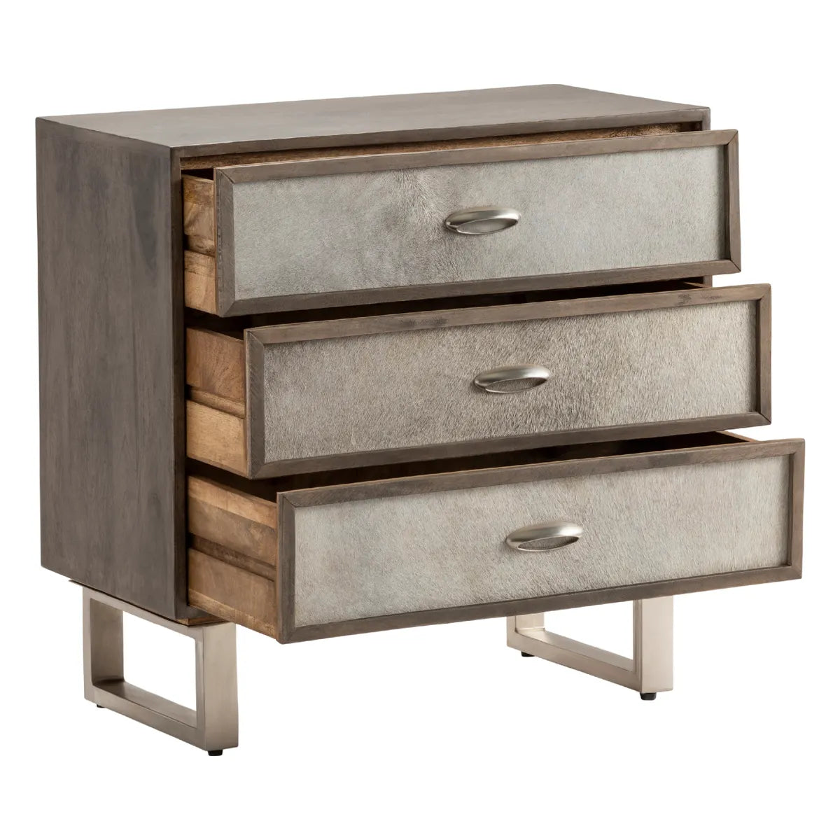 Bethel Stained Grey Nightstands (2-Pack), Hair On Hide, Mango Wood, Metal, Rustic, Transitional, distressed wood