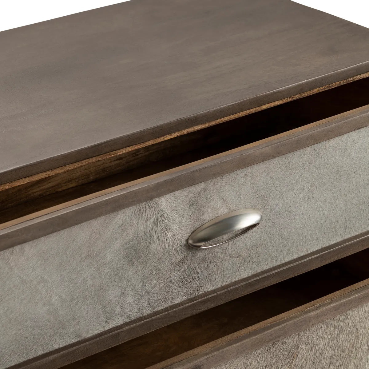 Bethel Stained Grey Nightstands (2-Pack), Hair On Hide, Mango Wood, Metal, Rustic, Transitional, distressed wood