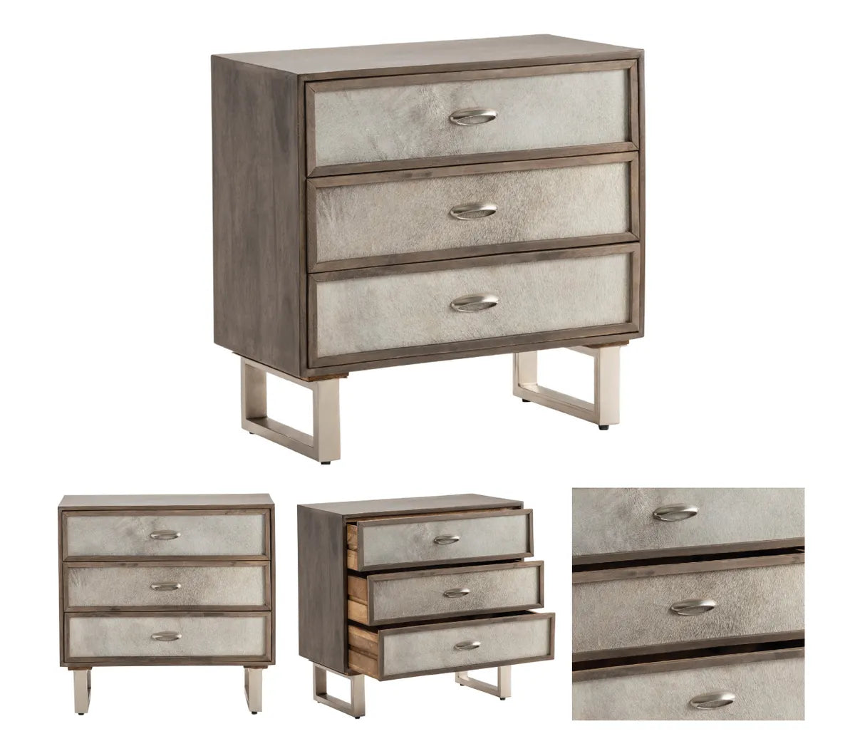 Bethel Stained Grey Nightstands (2-Pack), Hair On Hide, Mango Wood, Metal, Rustic, Transitional, distressed wood