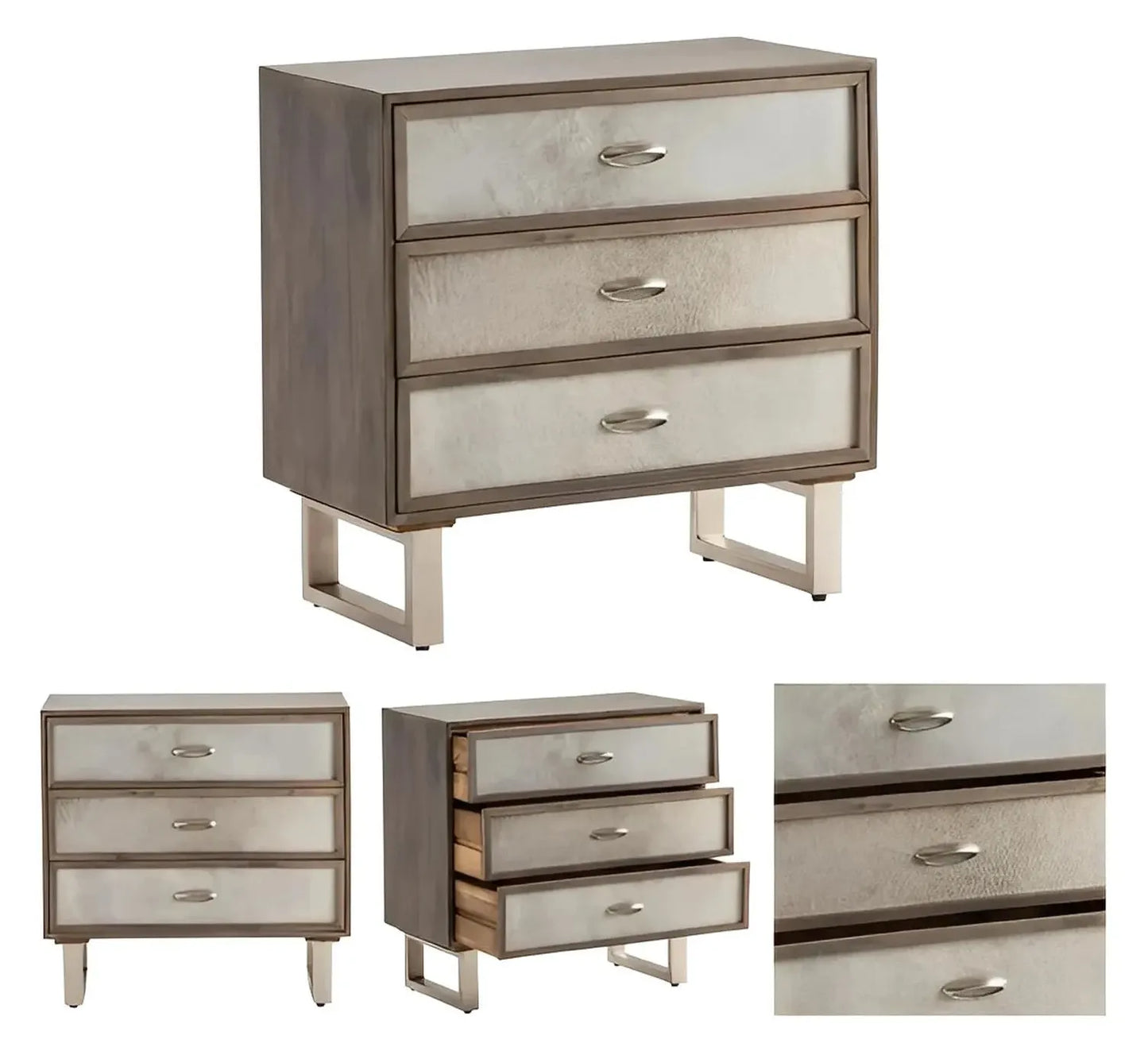 Bethel Stained Grey Nightstands (2-Pack), Hair On Hide, Mango Wood, Metal, Rustic, Transitional, distressed wood