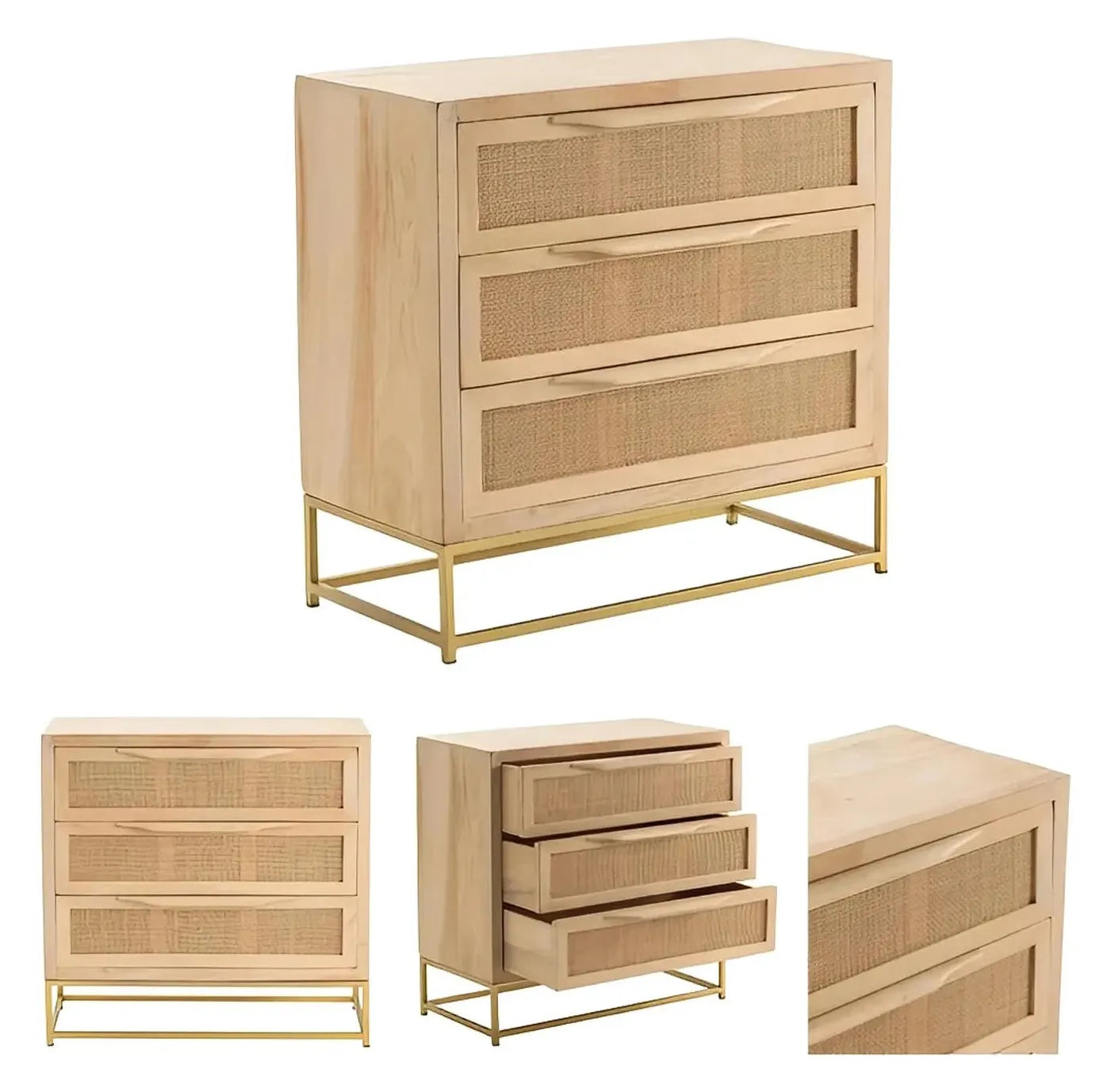 Narragansett Stained Natural Nightstands (2-Pack), Mango Wood, Metal, Rattan, Coastal, durable construction, brushed