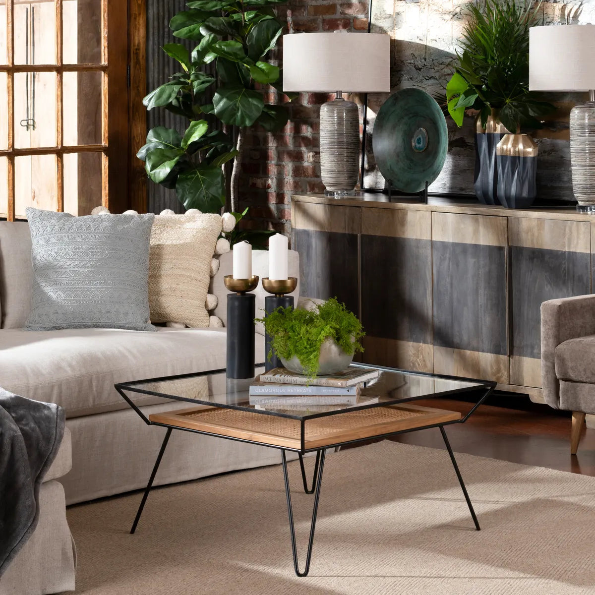 Carlisle Glass & Woven Palm Cocktail or Coffee Table