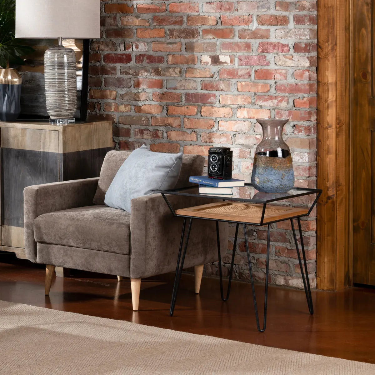 Carlisle End Table (Set of 2) - Solid Wood - Metal Frame - Glass Top - Storage