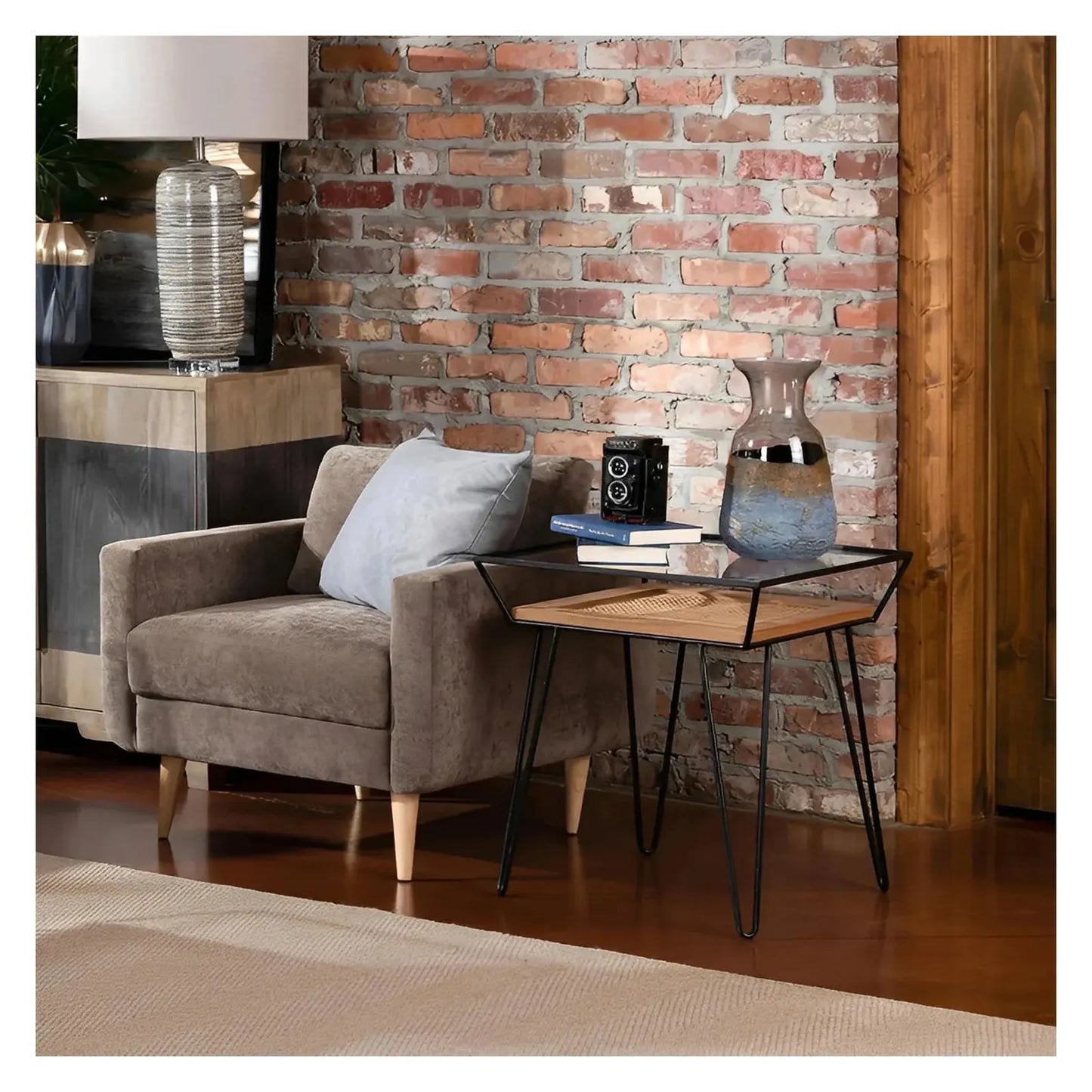 Carlisle End Table (Set of 2) - Solid Wood - Metal Frame - Glass Top - Storage