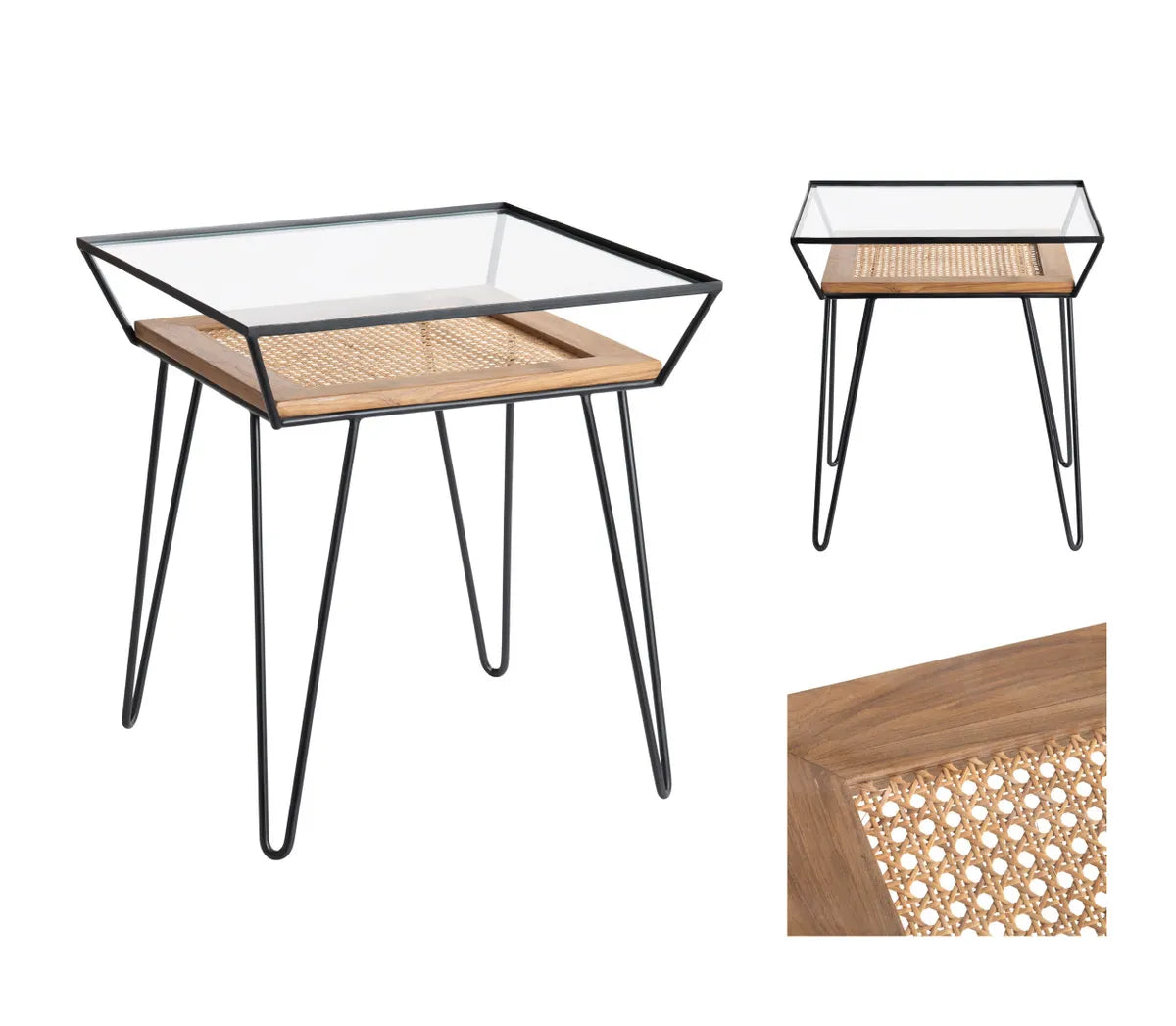 Carlisle End Table (Set of 2) - Solid Wood - Metal Frame - Glass Top - Storage
