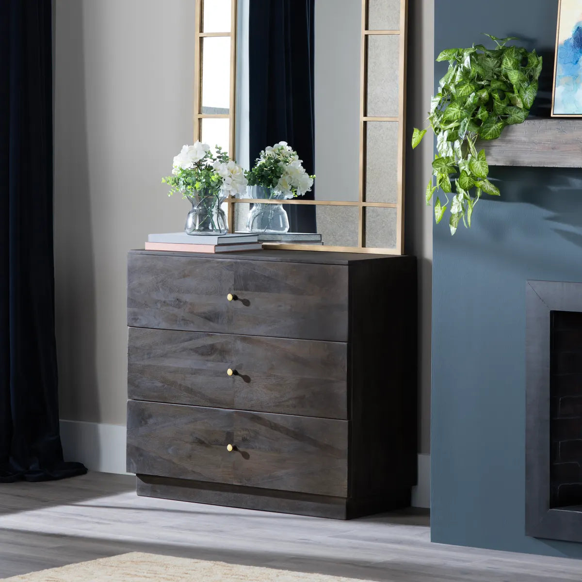 Portsmouth Stained Brown Nightstands (2-Pack), Mango Wood, Metal, Transitional, tapered legs, brushed metal accents