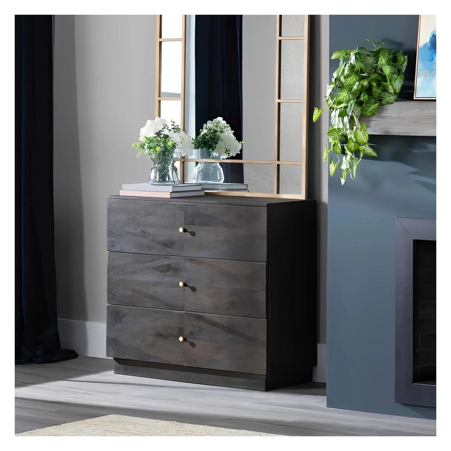 Portsmouth Stained Brown Nightstands (2-Pack), Mango Wood, Metal, Transitional, tapered legs, brushed metal accents