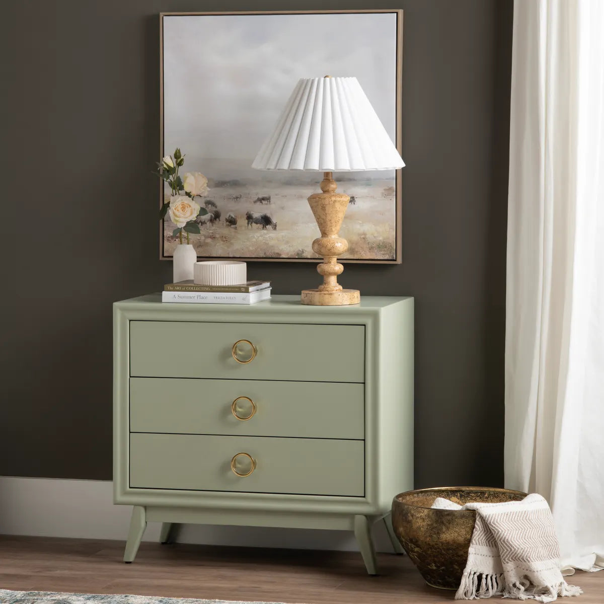Rye Green Nightstands (2-Pack) Traditional, Transitional, antique-style handles, carved details