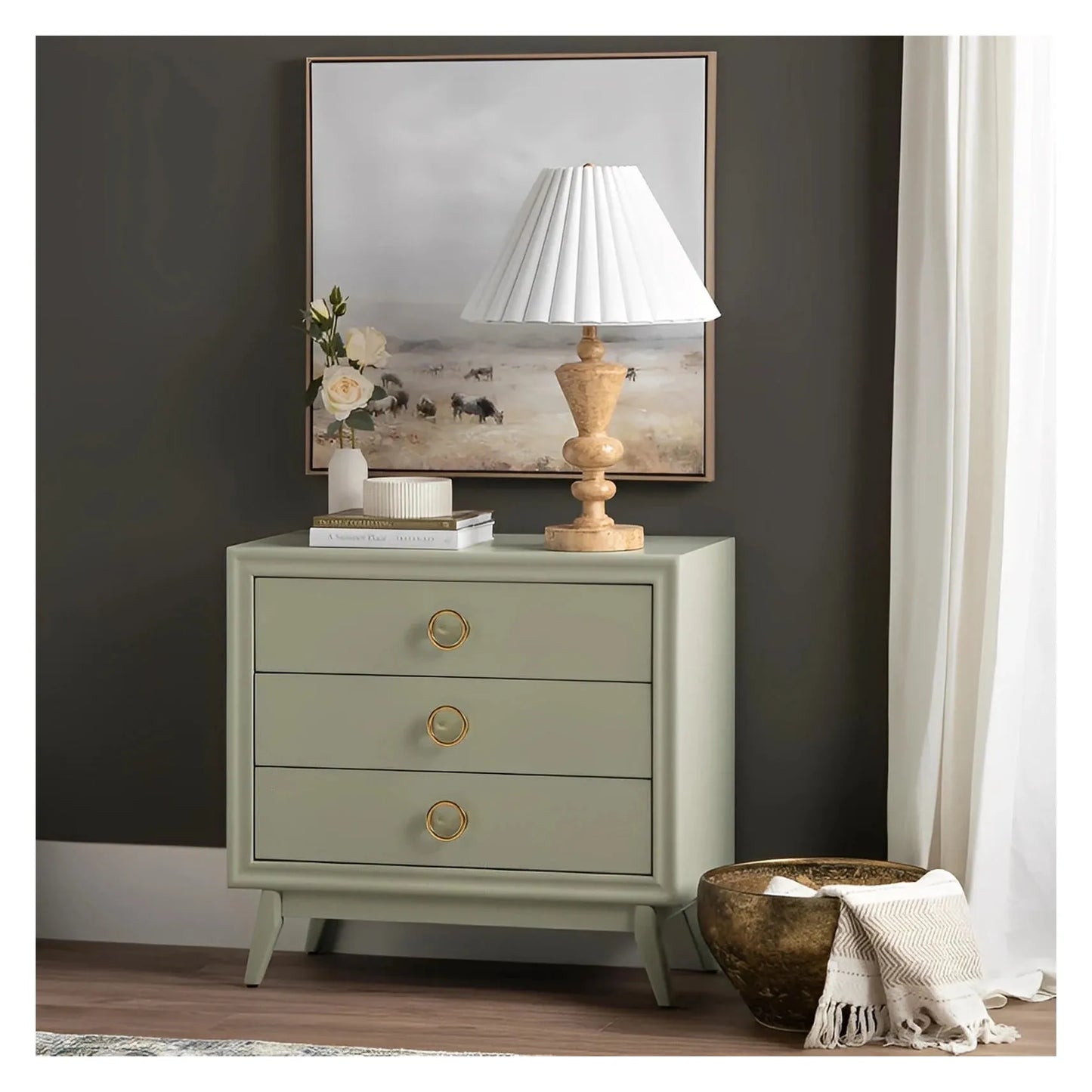 Rye Green Nightstands (2-Pack) Traditional, Transitional, antique-style handles, carved details