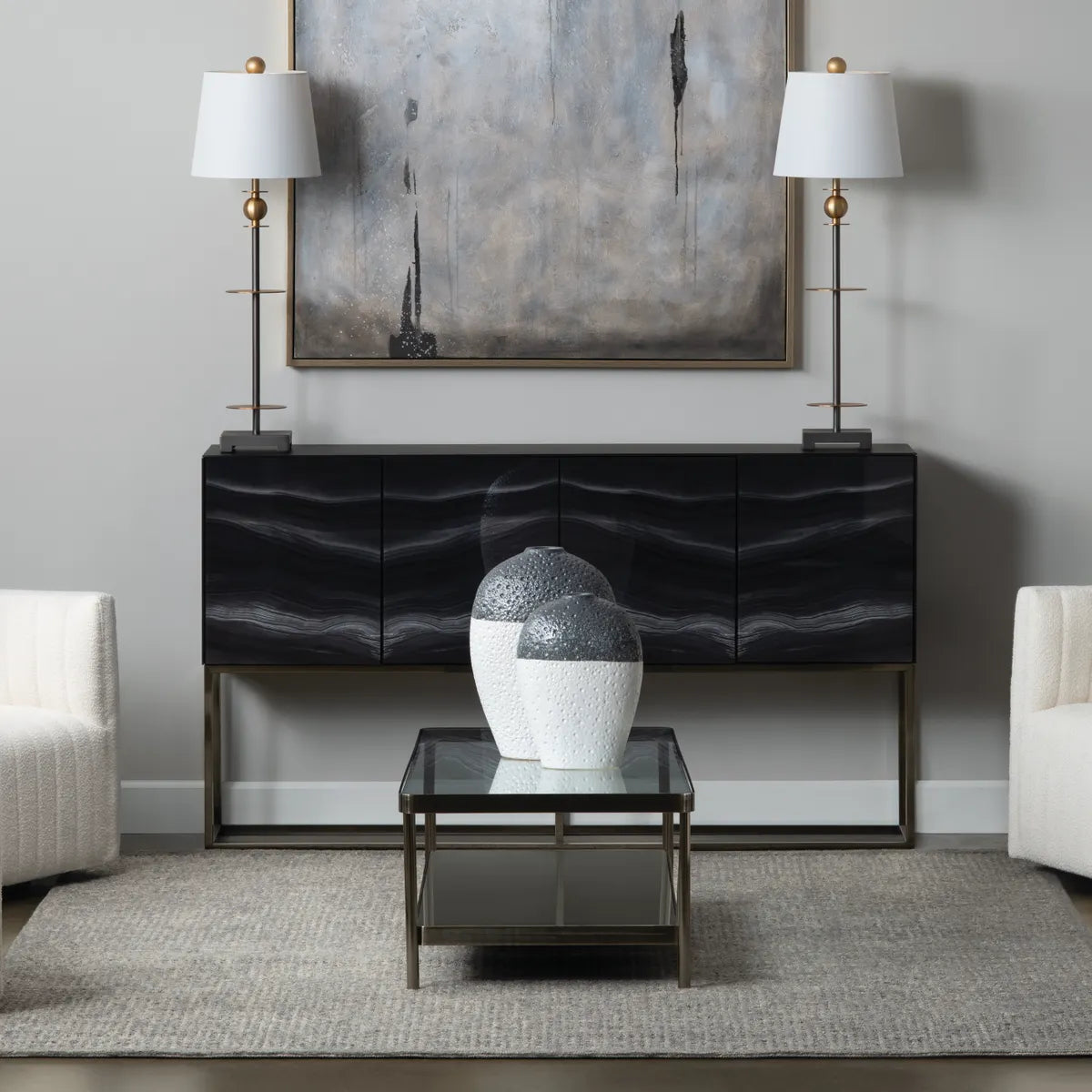 Stratford Glass & Black Metal Cocktail or Coffee Table