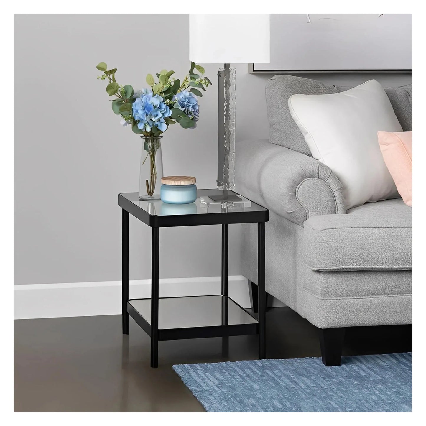 Stratford Square Glass & Metal End Table – Black Frame (Set of 2)