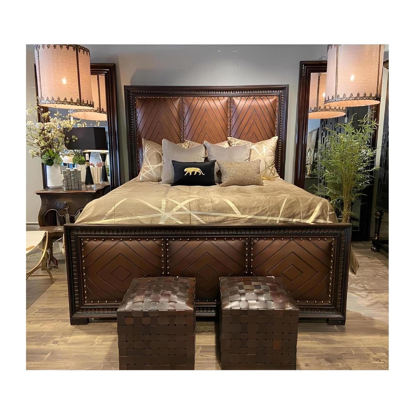 ANDES BEDROOM SET, 79.5" Tall - Upholstered Leather, Dark Brown Wood Frame - Includes Delivery and Assembly
