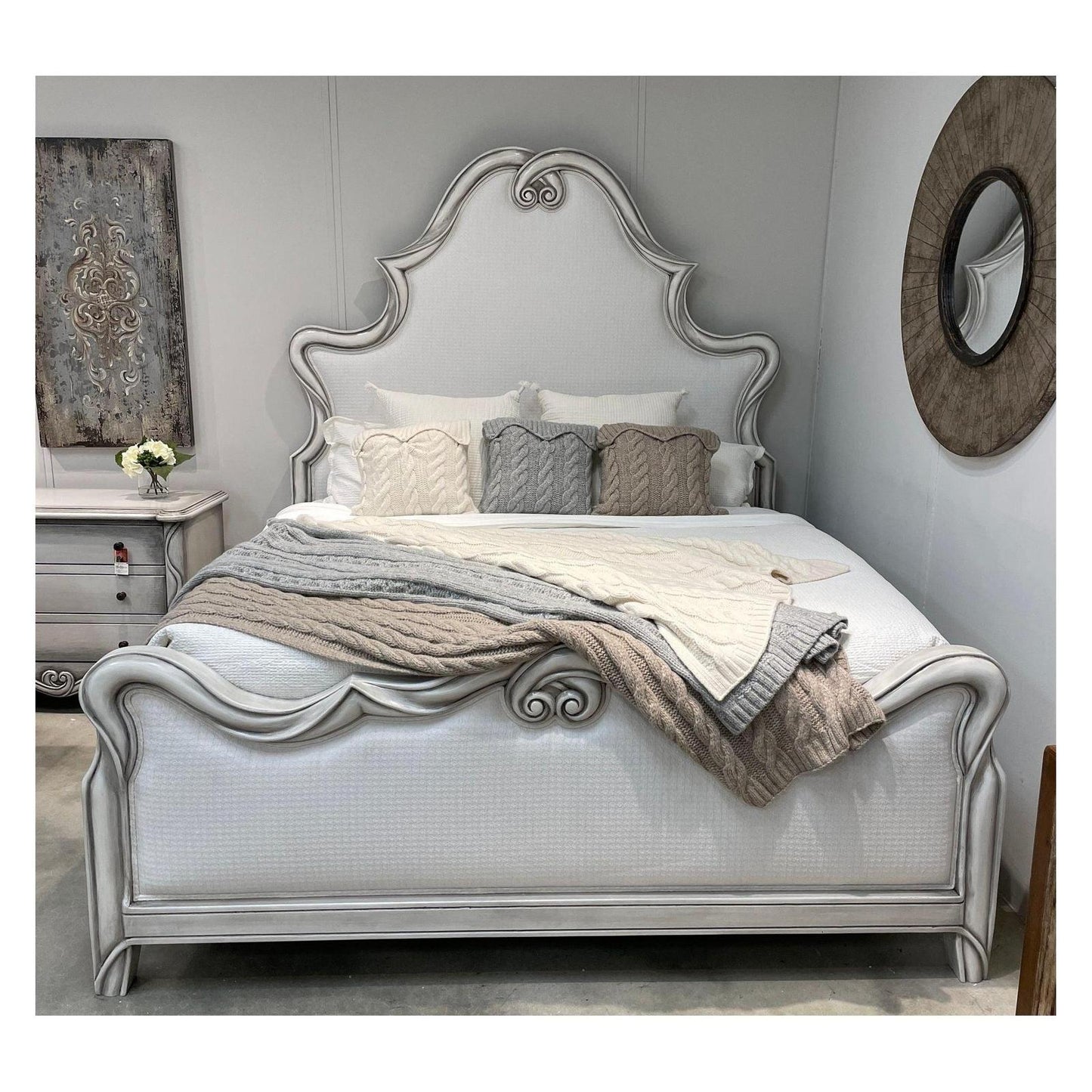 GRACE BED 88" Tall | Luxury French European Style | Upholstered Fabric | White Wood Frame | Bed Only | Includes Delivery and Assembly