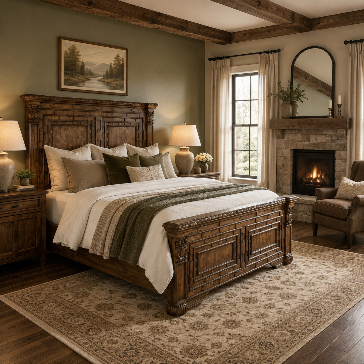 CASTELLAN BED 84" Tall | Carved Natural Wood Traditional Finish | Bed Only | Includes Delivery and Assembly