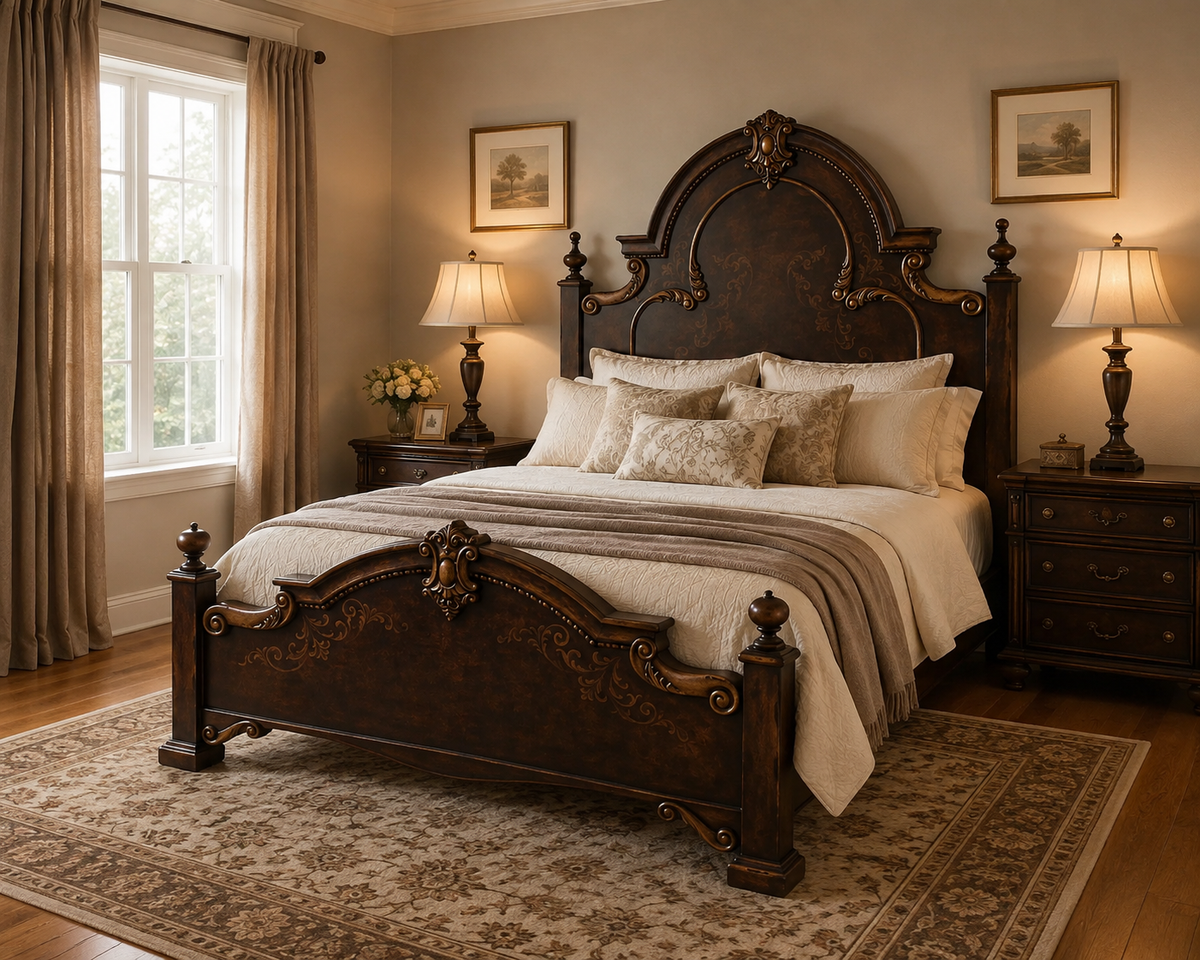 CELESTE DB BED DARK BROWN 87.5" Tall | Luxury French European Style | Carved Solid Wood Frame | Bed Only | Includes Delivery and Assembly