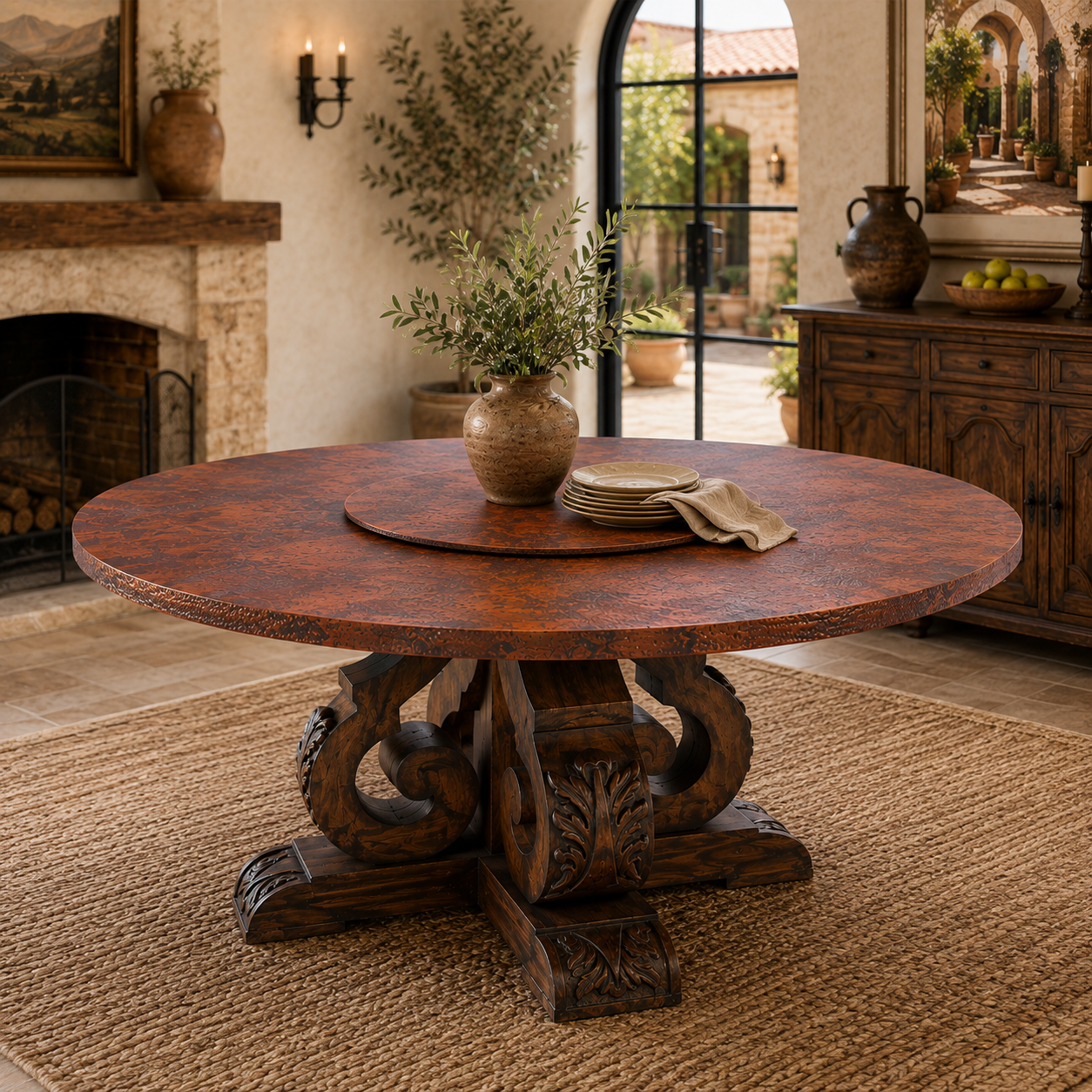 Seville Round Dining Table | Handcrafted Copper Top & Ornate Hand-Carved Wood Base | Revolving Server