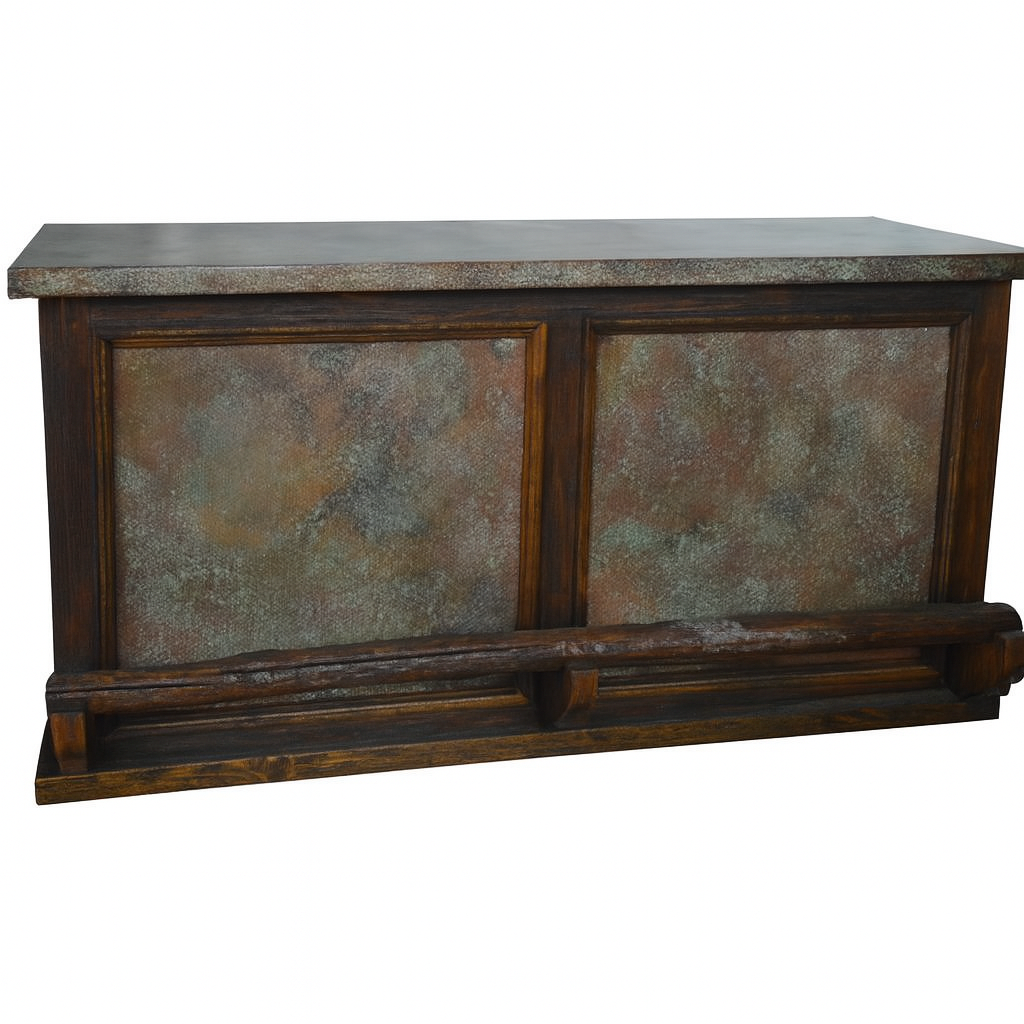 Desert Wind Rustic Home Wooden Bar with Verdi-Gris Copper Panels, Copper Top, & Log Footrail