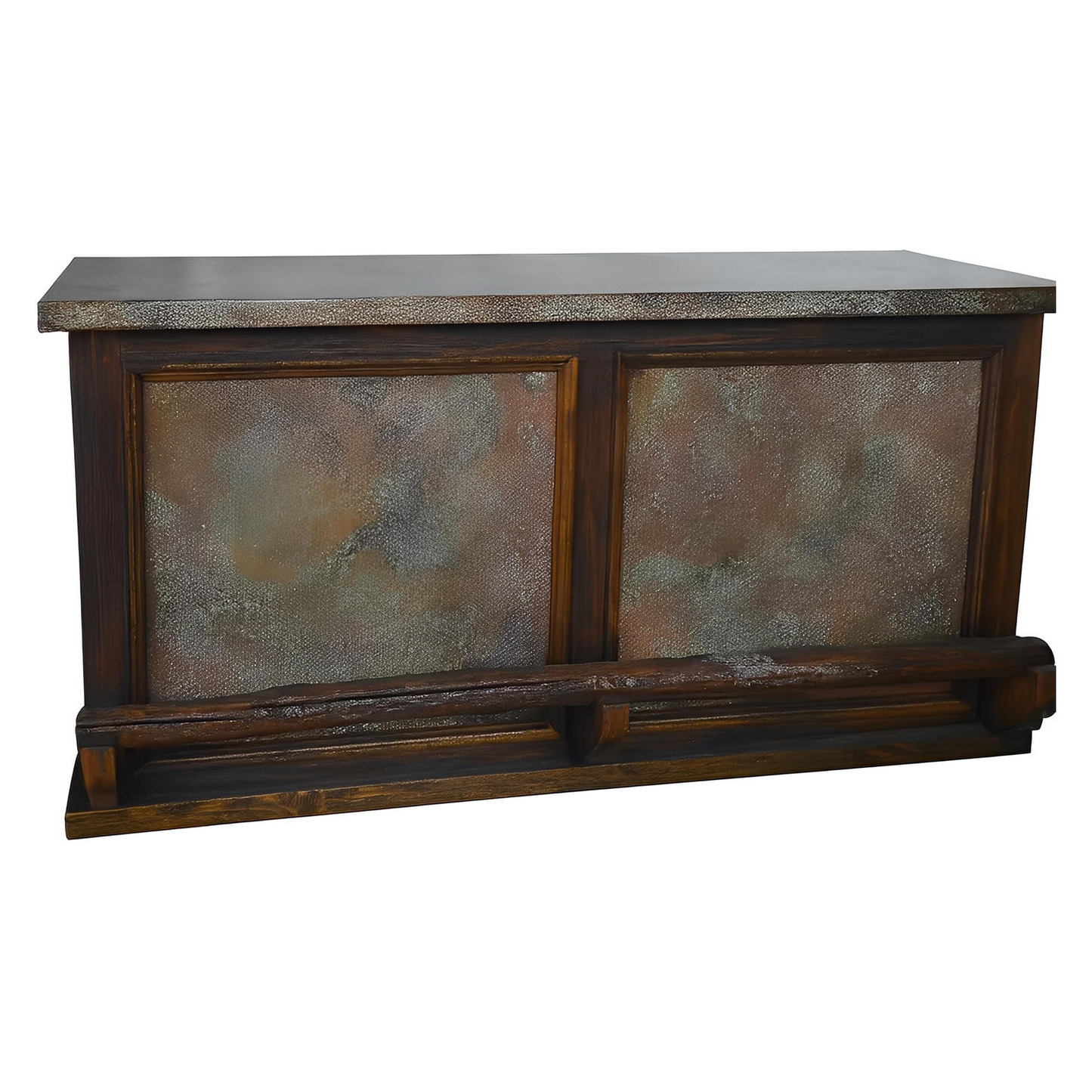 Desert Wind Rustic Home Wooden Bar with Verdi-Gris Copper Panels, Copper Top, & Log Footrail