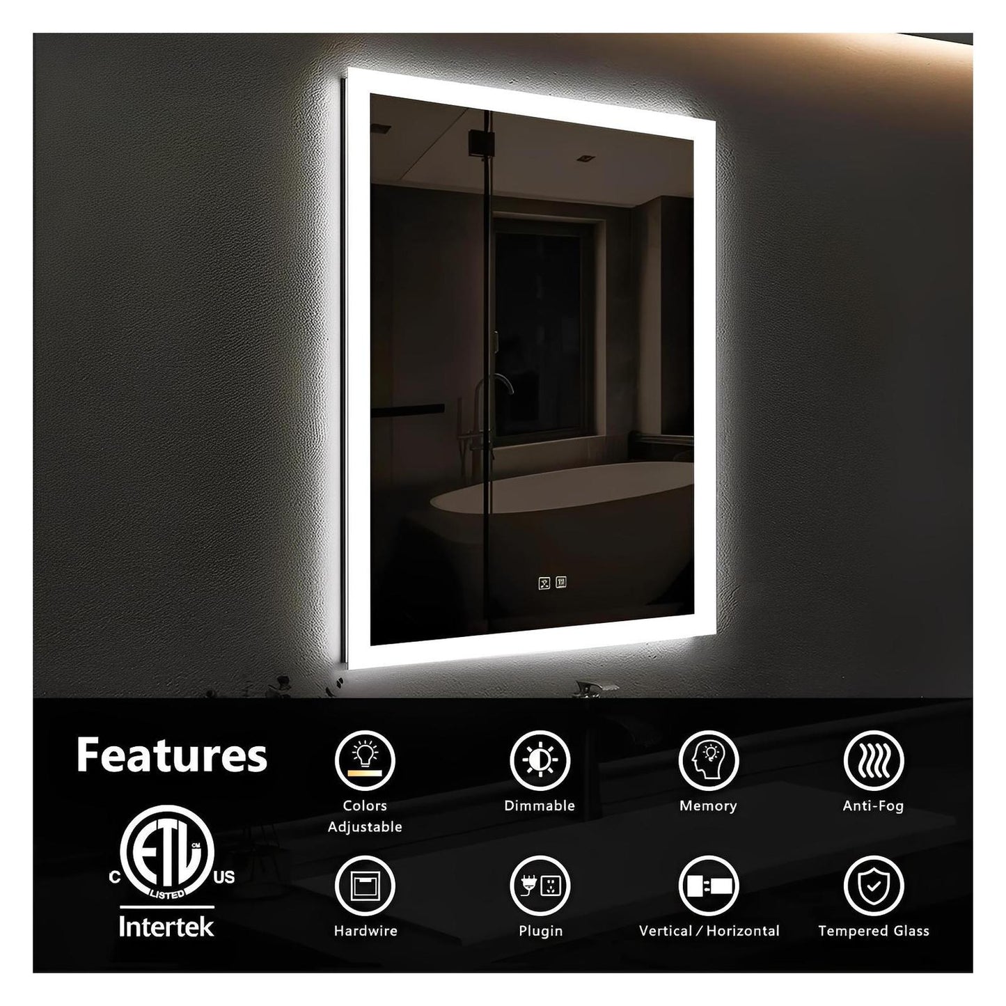 Edge Glow LED Bathroom Mirror (20-40 in) - Adjustable Brightness and Color Temperature - Anti-Fog