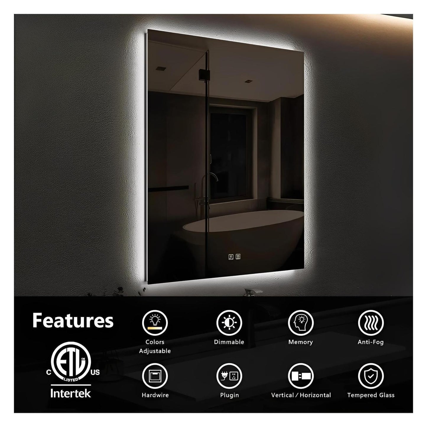 Compact Sleek Backlit LED Bathroom Mirror (20-40 in) - Adjustable Brightness and Color Temperature - Anti-Fog
