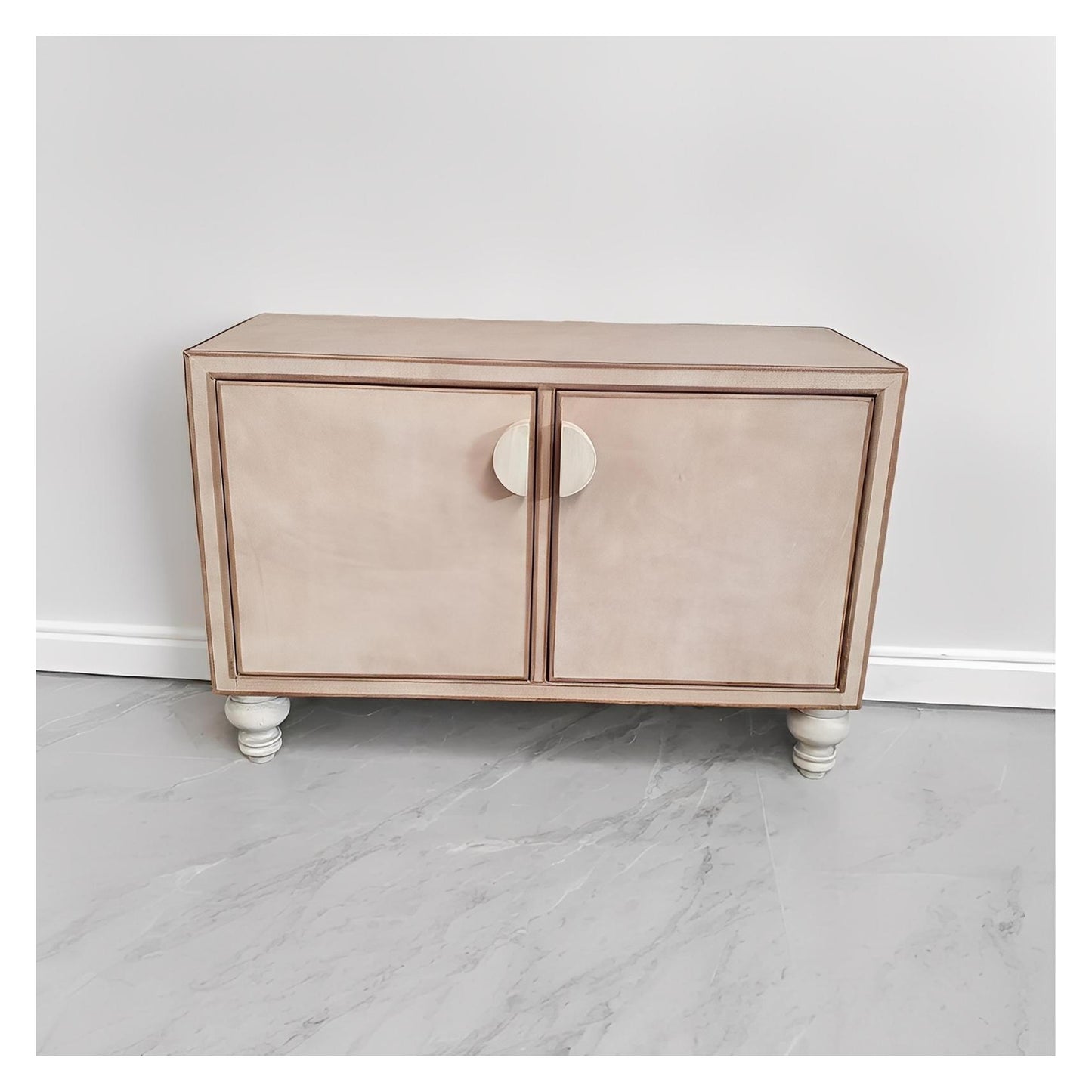 La Gacilly Chest, Beige Velvet Finish, Dual Door Cabinet With Round Knob Accent, 48W